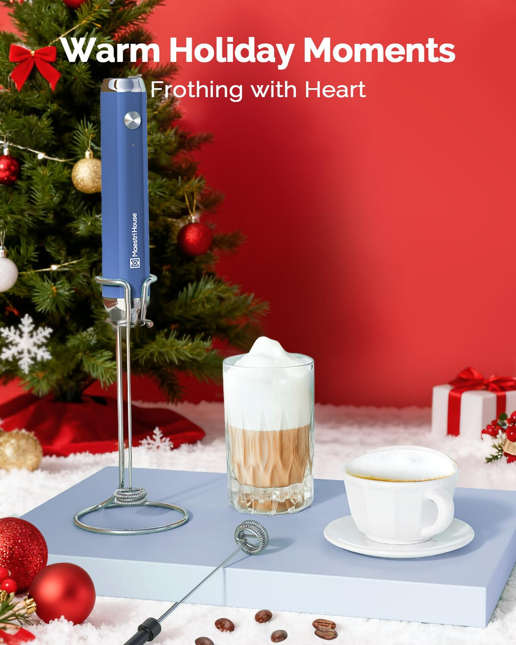 Maestri House Rechargeable Milk Frother with Stand, LunaFro Handheld Electric Foam Maker Waterproof Detachable Stainless Steel Whisk Drink Mixer Foamer for Lattes, Cappuccino