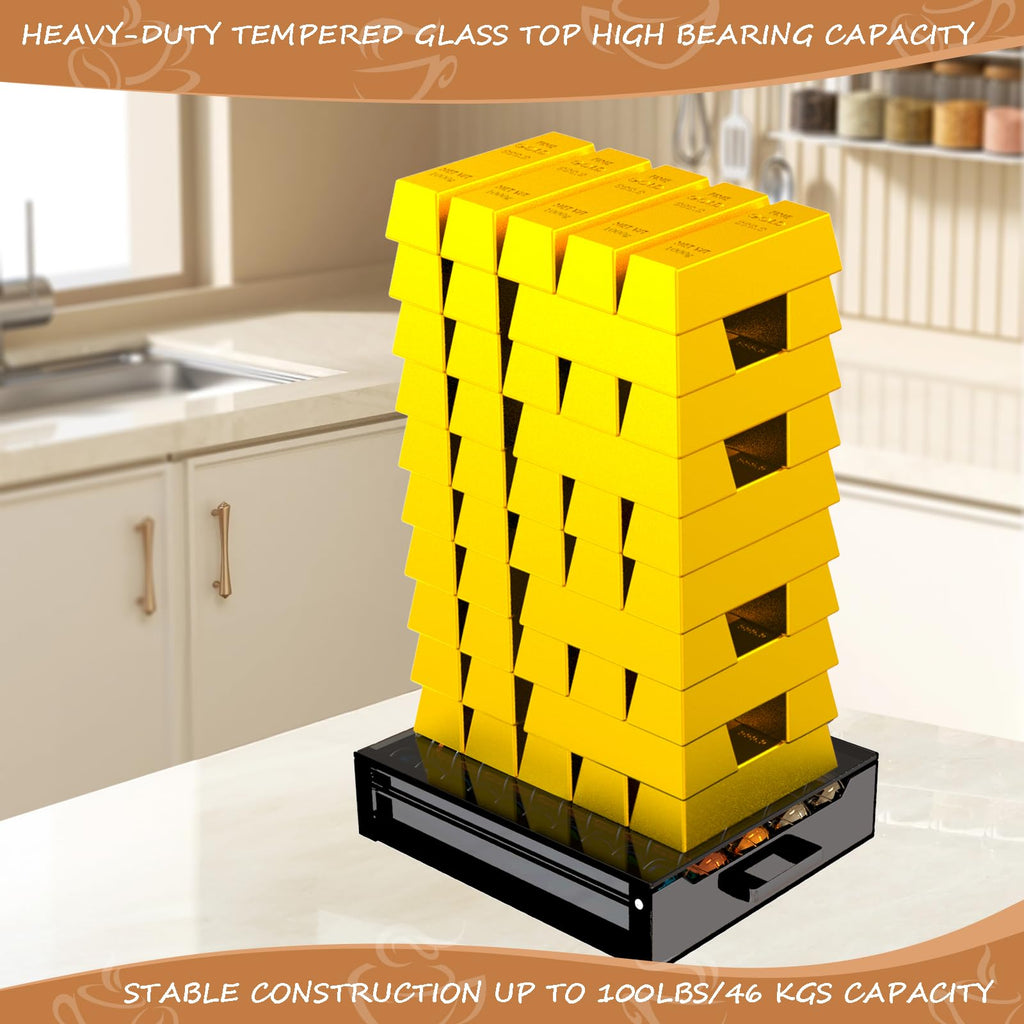 Vertuo Pod Holder Drawer with Deluxe Black Tempered Glass Top, Compatible for Nespresso VertuoLine Pods, Holds up to 75 Small or 50 Big Vertuo Pods Compact Design (Piano Black Nespresso Pods Holder)