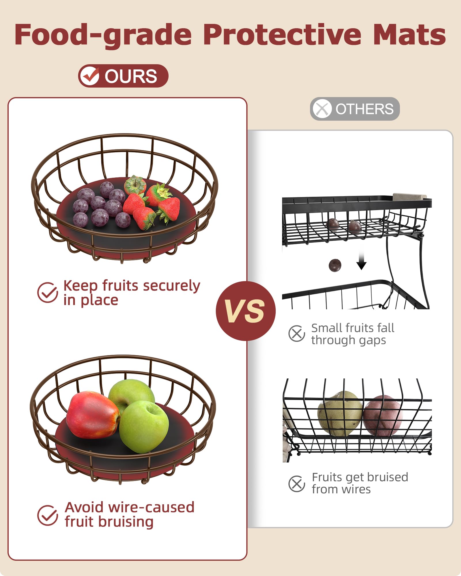2 Tier Large Fruit Basket for Kitchen Counter with Removable Banana Hanger - Sturdy Iron Fruit Bowl for Kitchen Counter and Vegetable Holder, Fruit Holder for Kitchen Countertop, Black