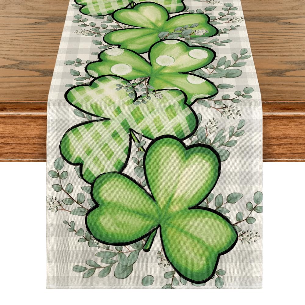 Artoid Mode Clover Shamrocks Eucalyptus Buffalo Plaid St.Patrick's Day Table Runner, Seasonal Kitchen Dining Table Runner for Home Party Decor 13x72 Inch