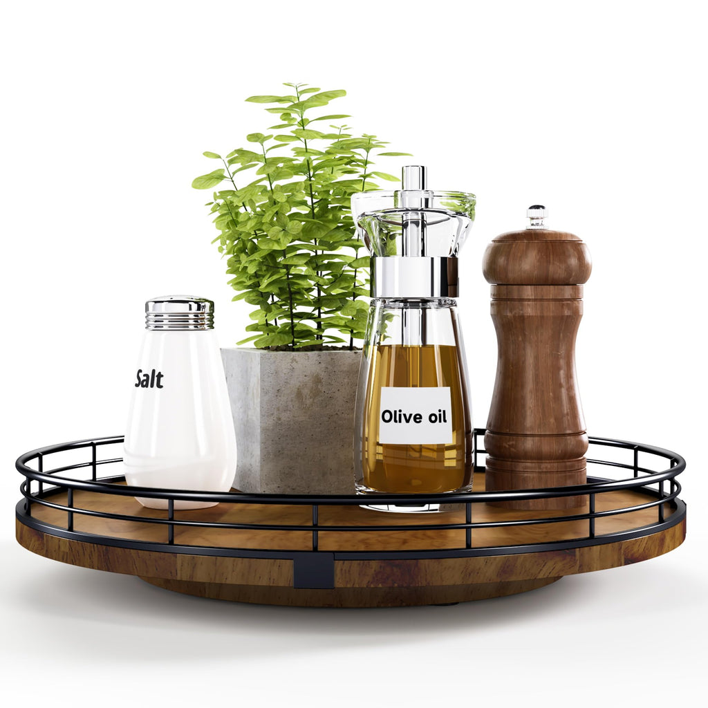 Farmhouse Oak 9" Lazy Susan Turntable Organizer for Cabinet, Round Wooden Lazy Susan Organization and Storage for Dining Table, Pantry, Kitchen, Countertop, Cupboard,Home Decor, Walnut Wood