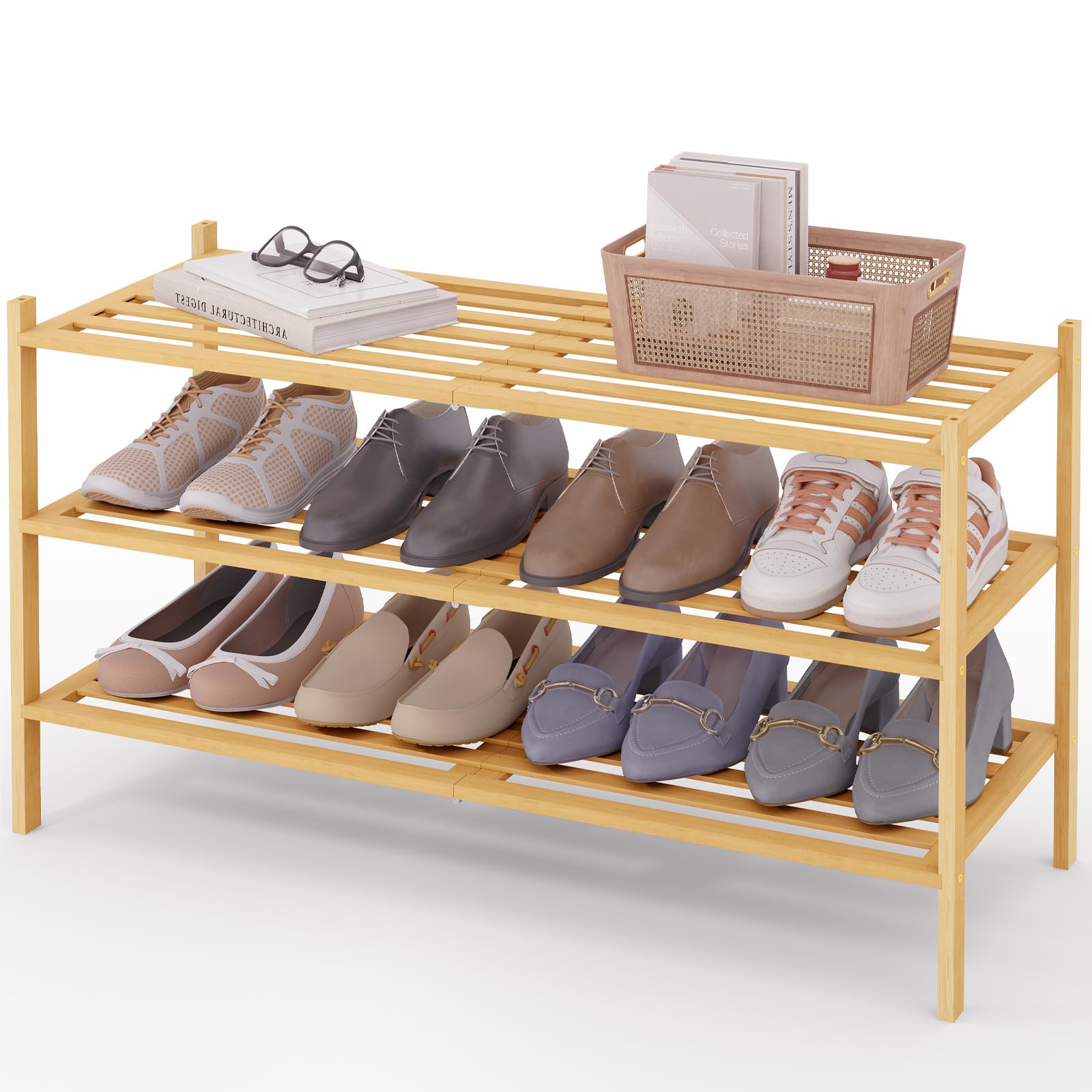 Smiry Bamboo Shoe Rack 3-Tier, Stackable Wooden Shoe Organizer for Entryway & Closet, Free Standing Wood Shoe Storage Shelf for Front Door & Small Spaces, Natural