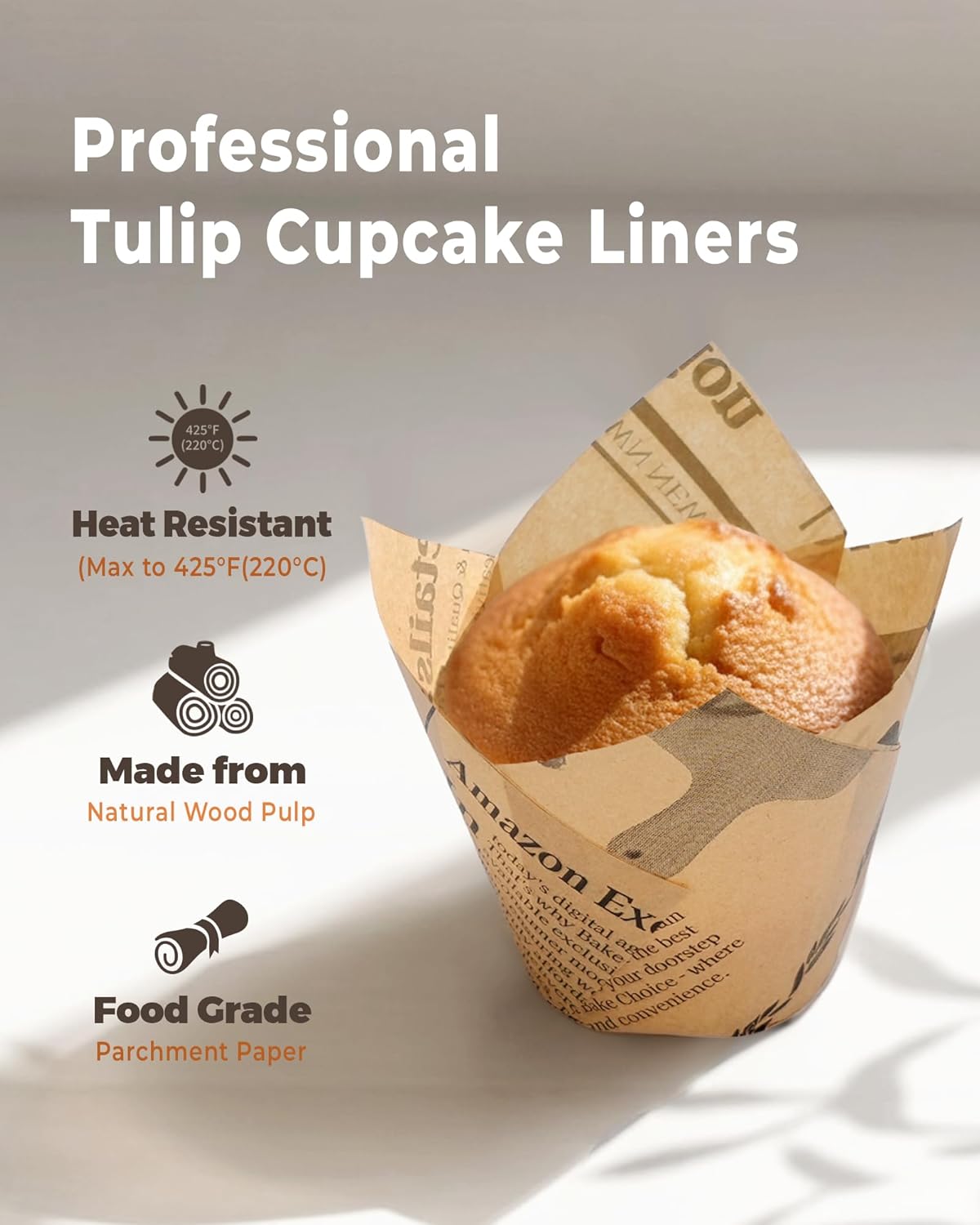 200pcs Standard Tulip Cupcake Liners for Baking, Newspaper Print Parchment Paper Muffin Liners, Grease Resistant Cupcake Wrappers for Parties, Weddings, Birthdays