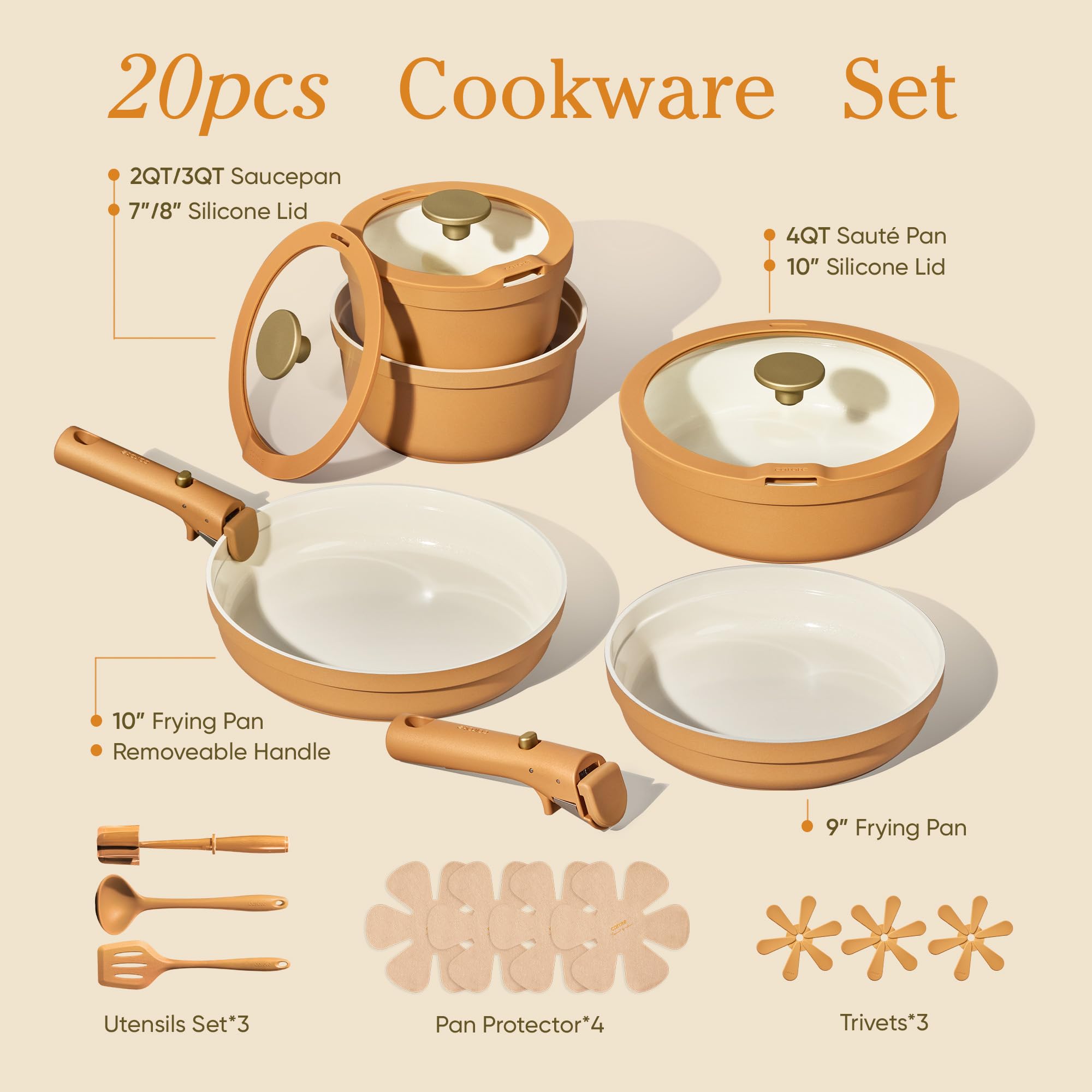 Carote 20pcs Ceramic Cookware Set with Detachable Handles, Pots and Pans Set Non Stick, RV Kitchen Cooking Pot and Pan, Dishwasher Safe, Non-toxic Induction Cookware PFAS and PFOA Free, Grey