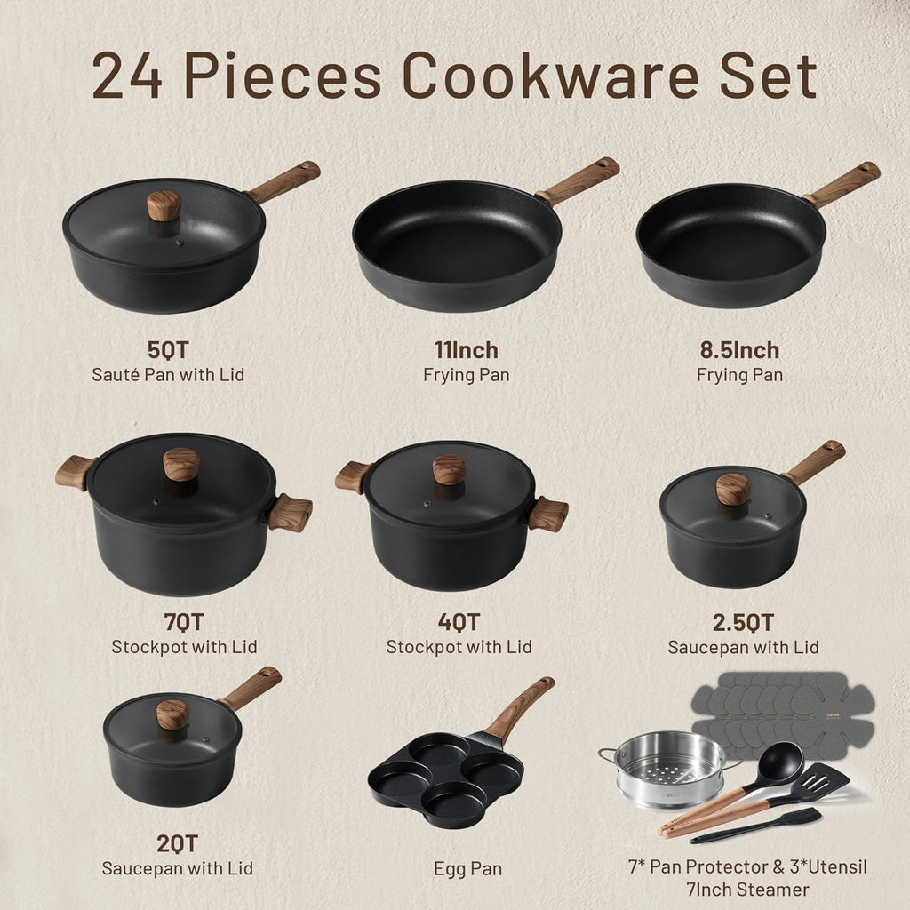 CAROTE Nonstick Pots and Pans, Induction Titanium Cookware Set 16pcs Kitchen Cooking Sets, Pot and Pan Non Stick w/Frying pan (PFOS, PFOA Free)