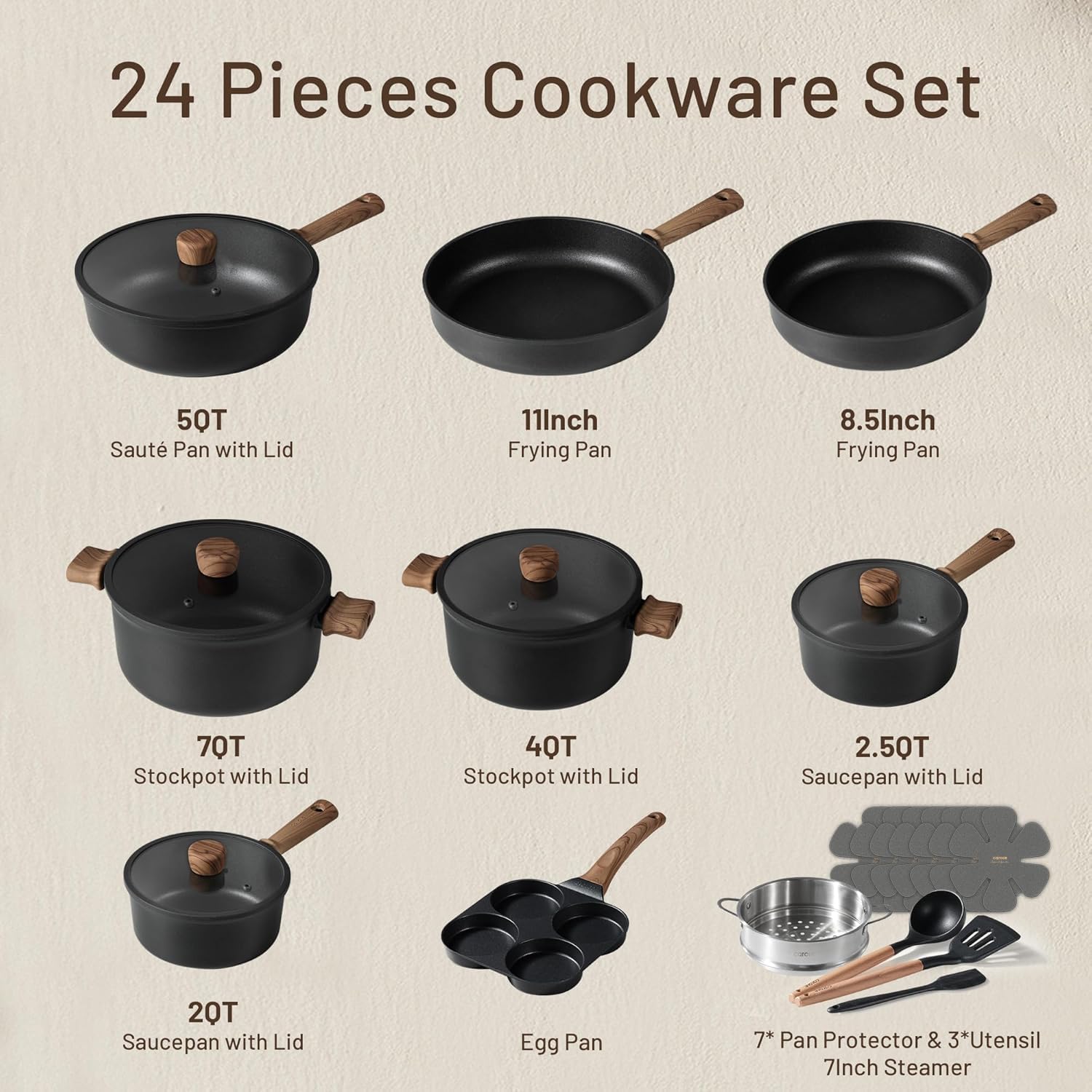 CAROTE Nonstick Pots and Pans, Induction Titanium Cookware Set 16pcs Kitchen Cooking Sets, Pot and Pan Non Stick w/Frying pan (PFOS, PFOA Free)
