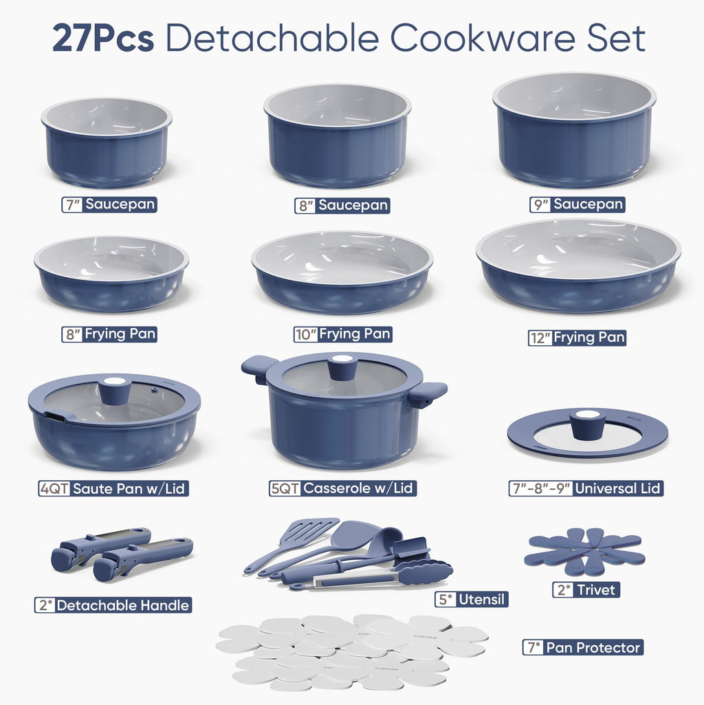 CAROTE 27pcs Ceramic Cookware Set Nonstick, Pots and Pans Set Non Stick, Non Toxic Cookware Detachable Handles, Dishwasher/Oven Safe, RV/Camping Cookware, Pan and Pot with Kitchen Utensils, Navy Blue