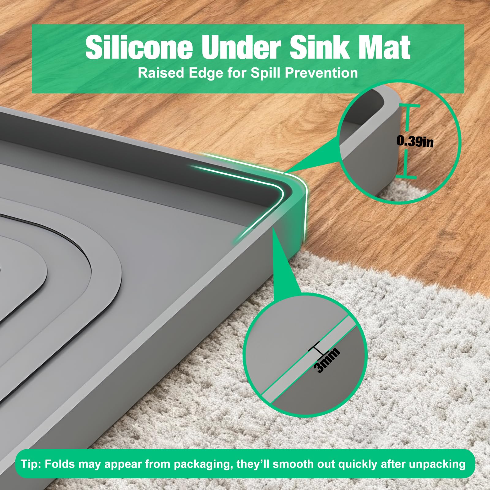 Aisslro Under Sink Mat 22" X 19", Waterproof Silicone Cabinet Protector with Raised Edge, Kitchen & Bathroom Leak Tray, Shelf Liner & Pet Feeding Mat for Dog Cat Food Mats, Light Gray
