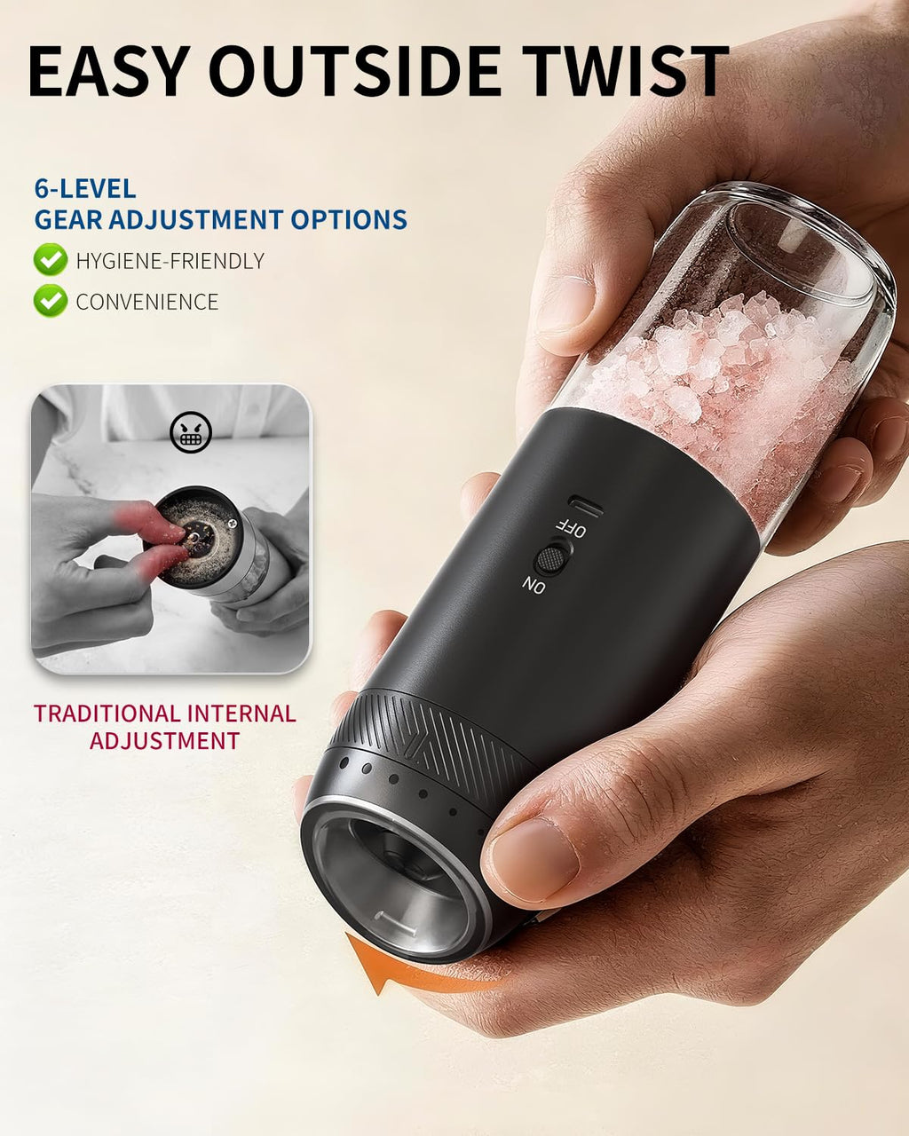 CIRCLE JOY Rechargeable Salt and Pepper Grinder Set Gravity Electric Salt and Pepper Grinder Set, LED Light, Adjustable Coarseness, for Home Kitchen BBQ, Black & White