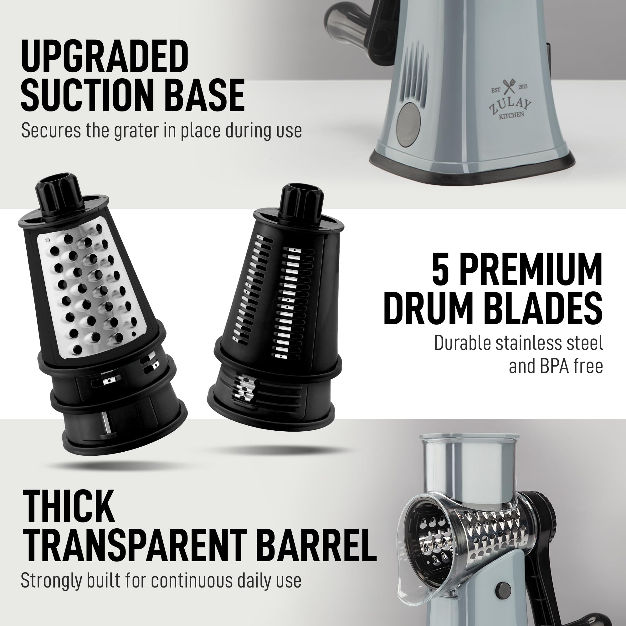 Zulay Kitchen Rotary Cheese Grater 5 Blade Cheese Shredder - Manual Hand Crank Cheese Grater With Reinforced Suction & 5 Interchangeable Drums - Easy to Use, Vegetable Chopper Round Mandoline Slicer