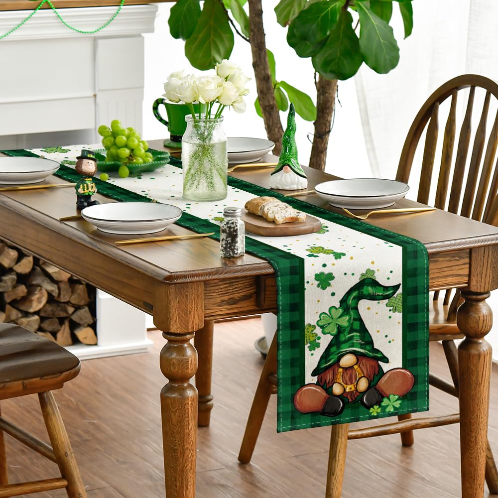 Artoid Mode Buffalo Plaid Shamrock Gnome St. Patrick's Day Table Runner, Seasonal Spring Holiday Kitchen Dining Table Decoration for Indoor Outdoor Home Party Decor 13 x 72 Inch