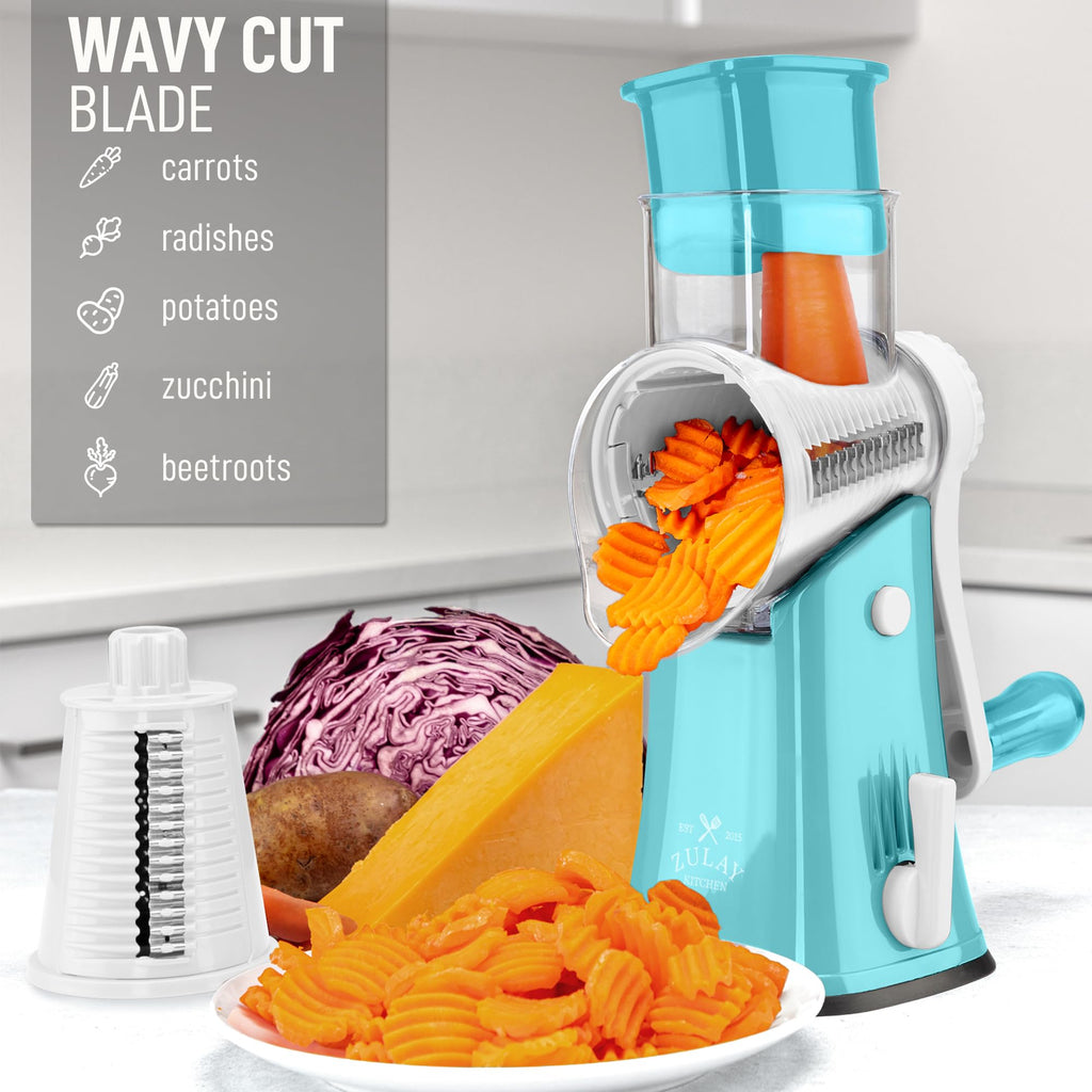 Zulay Kitchen Rotary Cheese Grater 5 Blade Cheese Shredder - Manual Hand Crank Cheese Grater With Reinforced Suction & 5 Interchangeable Drums - Easy to Use, Vegetable Chopper Round Mandoline Slicer