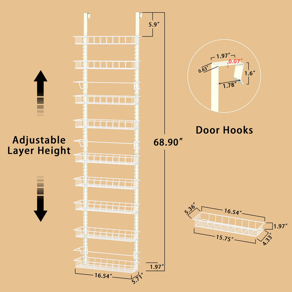 Churboro Over the Door Pantry Organizer Rack with 9 Adjustable Baskets, 9 Tiers Dual-use Hanging or Wall Mount Spice Rack Organizer, Black
