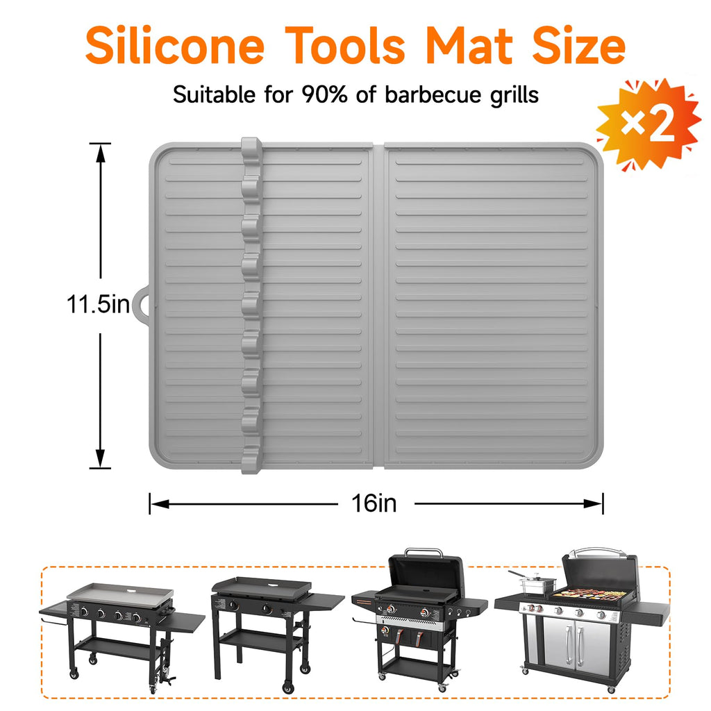 Silicone Grill Mat Compatible with Blackstone, Silicone Griddle Tool Mat with Adjustable Slots, Side Shelf Mat with Drip Pad for Griddle Accessories (Grey)