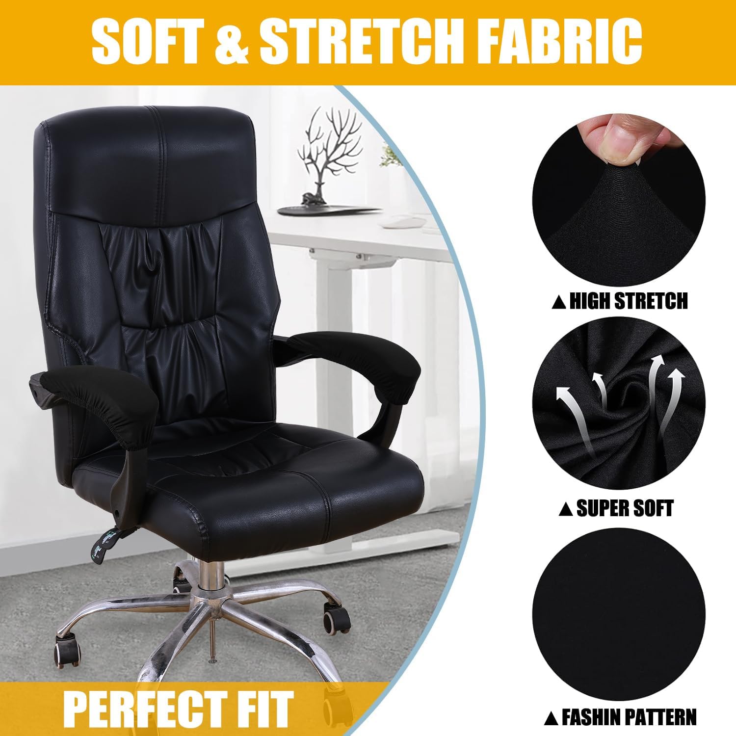 Smiry Stretch Printed Office Chair Armrest Covers, 2 Pcs Soft Fit Removable Washable Computer Desk Chair Arm Covers Protector, Black