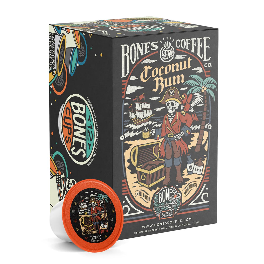 Bones Coffee Company Flavored Coffee Bones Cups Highland Grog Butterscotch Caramel | 12ct Single-Serve Coffee Pods Compatible with Keurig 1.0 & 2.0 Keurig Coffee Maker