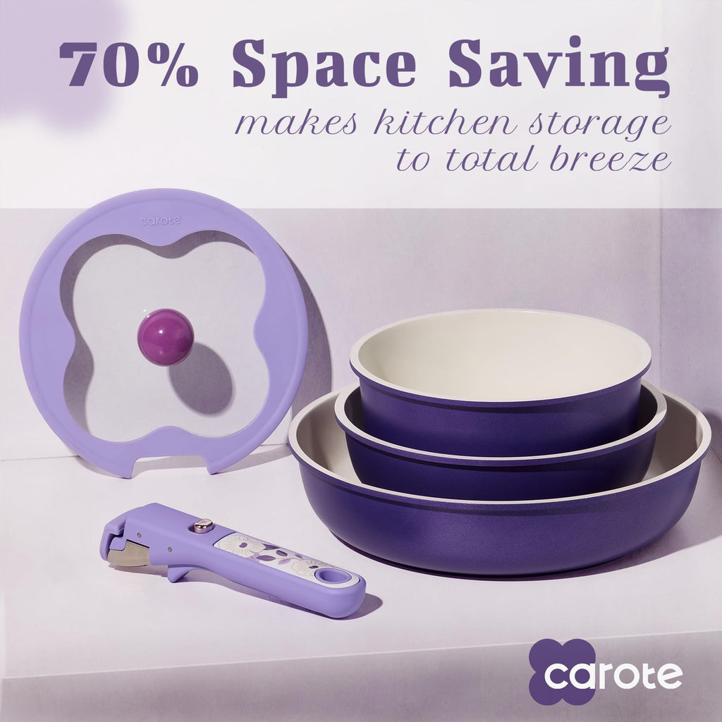 CAROTE Ceramic Pots and Pans Set Non Stick, Nonstick Kitchen Cookware Sets with Lid, Detachable Handle Sauté Pan Set, Non Toxic Frying Pan, Oven Safe, Induction Ready, Cream White