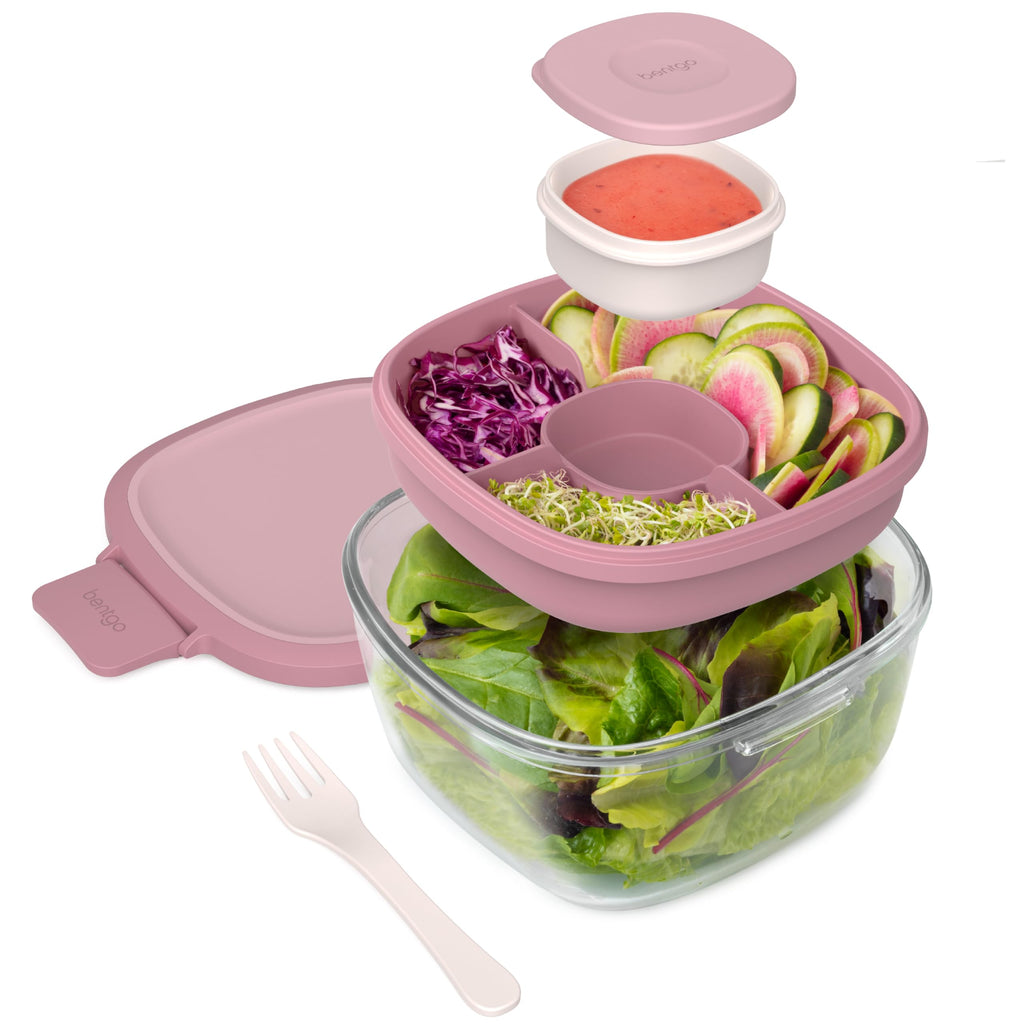 Bentgo Glass Salad Container - 7.6-Cup Salad Bowl with Airtight Lid, Leak-Proof Sauce Container, 4-Compartment Bento Tray & Reusable Fork - BPA-Free for Meal Prep, Office & More (Lavender)