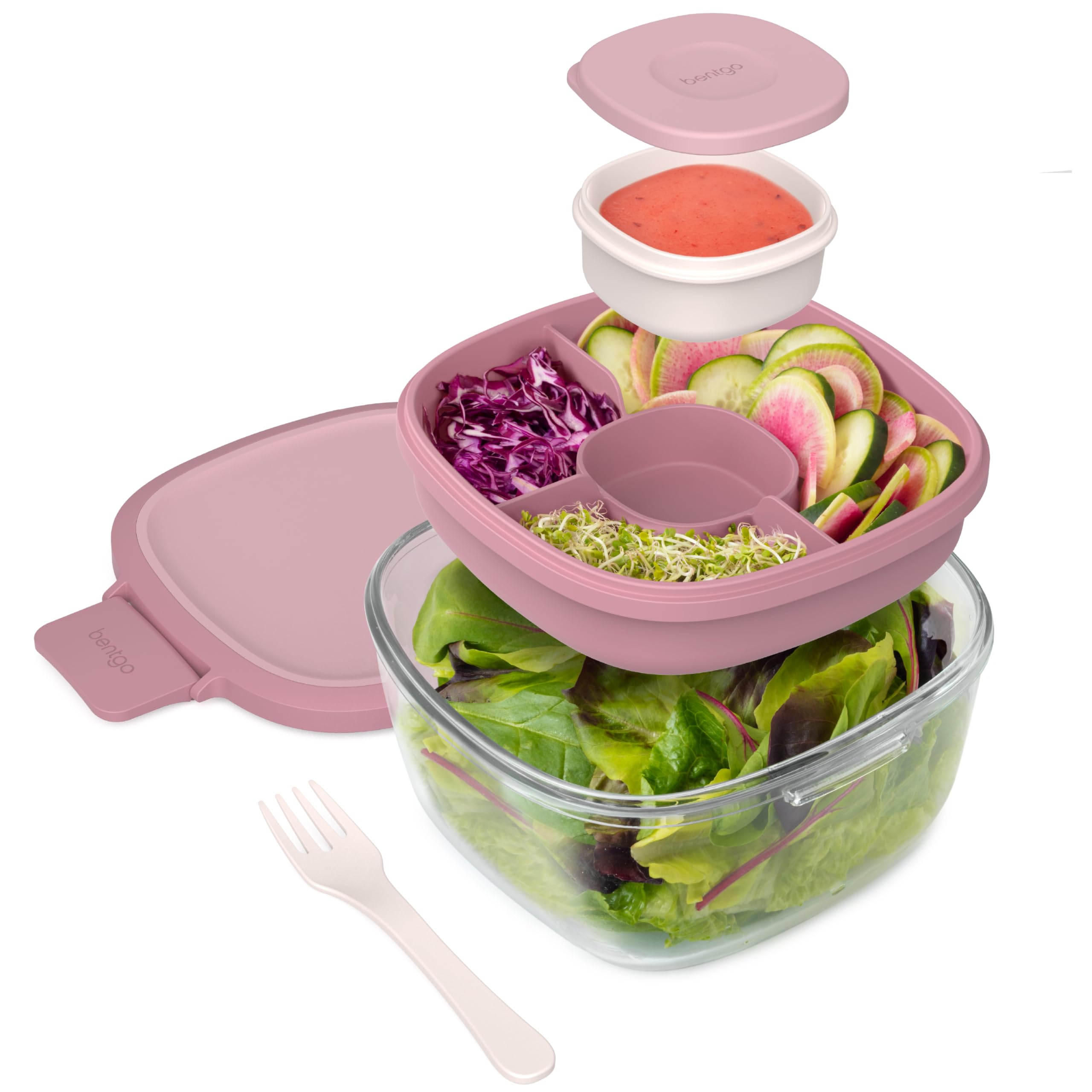 Bentgo Glass Salad Container - 7.6-Cup Salad Bowl with Airtight Lid, Leak-Proof Sauce Container, 4-Compartment Bento Tray & Reusable Fork - BPA-Free for Meal Prep, Office & More (Lavender)