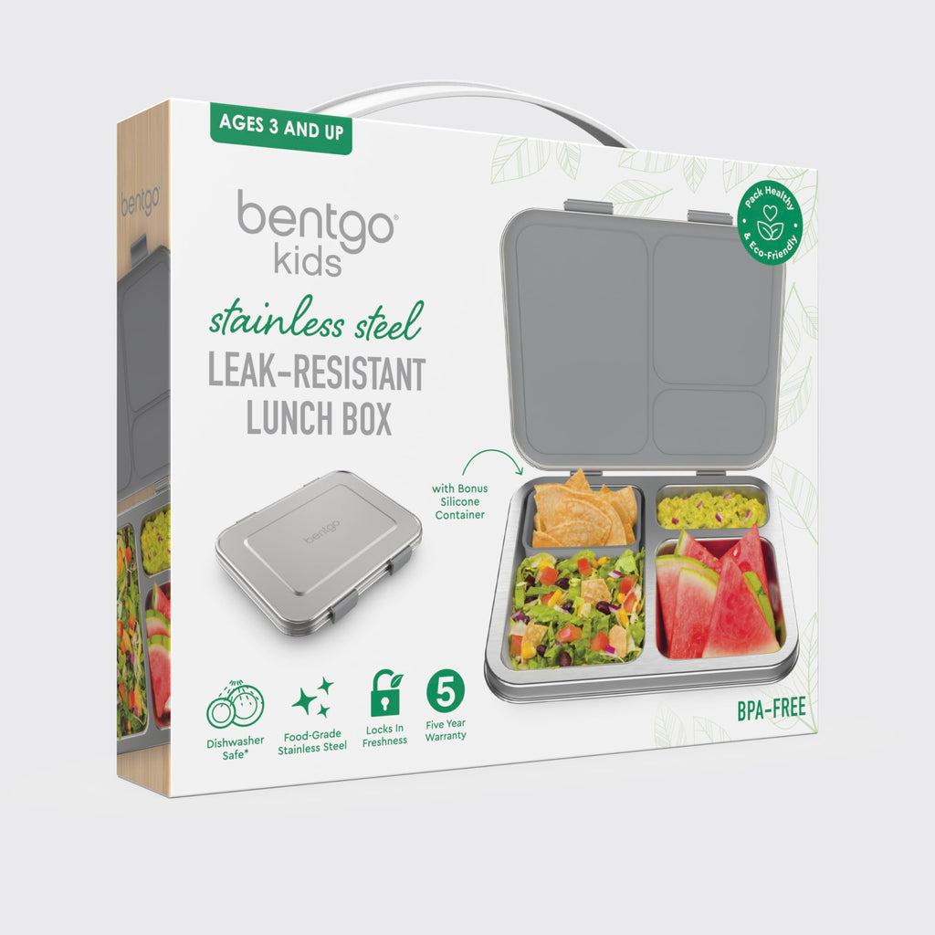 Bentgo Kids Stainless Steel Leak-Resistant Lunch Box - 3-Compartments with Bonus Silicone Container, Durable, Eco-Friendly, Dishwasher Safe, BPA-Free, Ideal for School, Ages 3+ (Blue)