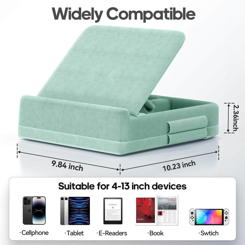 KDD Tablet Pillow Stand with Storage, Foldable iPad Holder for Bed, Lap and Desk, Angle Adjustable Soft Pad Dock with Stylus Mount Compatible with Ipad Pro 12.9, 10.5, 11, Air, Mini, Phones, Books