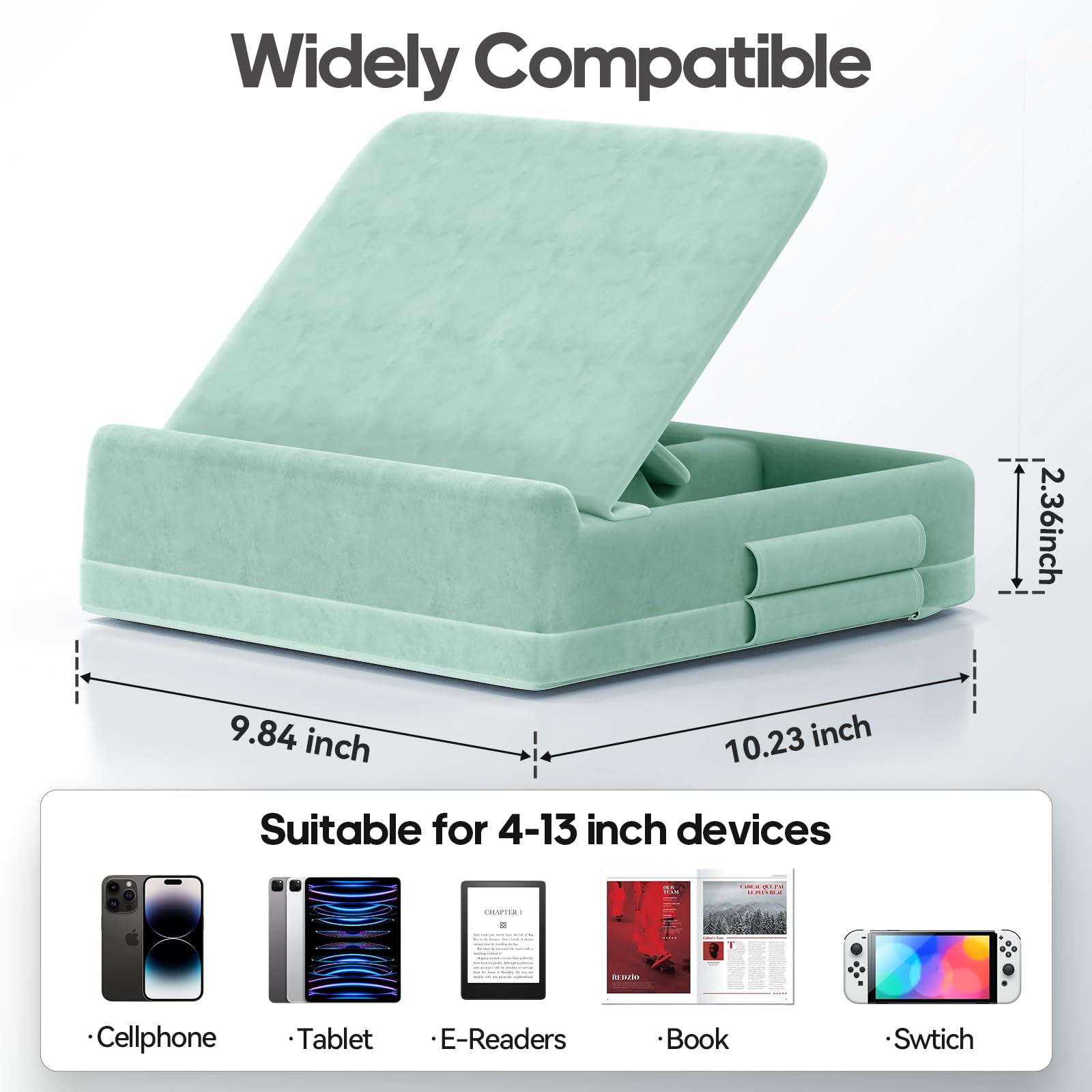 KDD Tablet Pillow Stand with Storage, Foldable iPad Holder for Bed, Lap and Desk, Angle Adjustable Soft Pad Dock with Stylus Mount Compatible with Ipad Pro 12.9, 10.5, 11, Air, Mini, Phones, Books