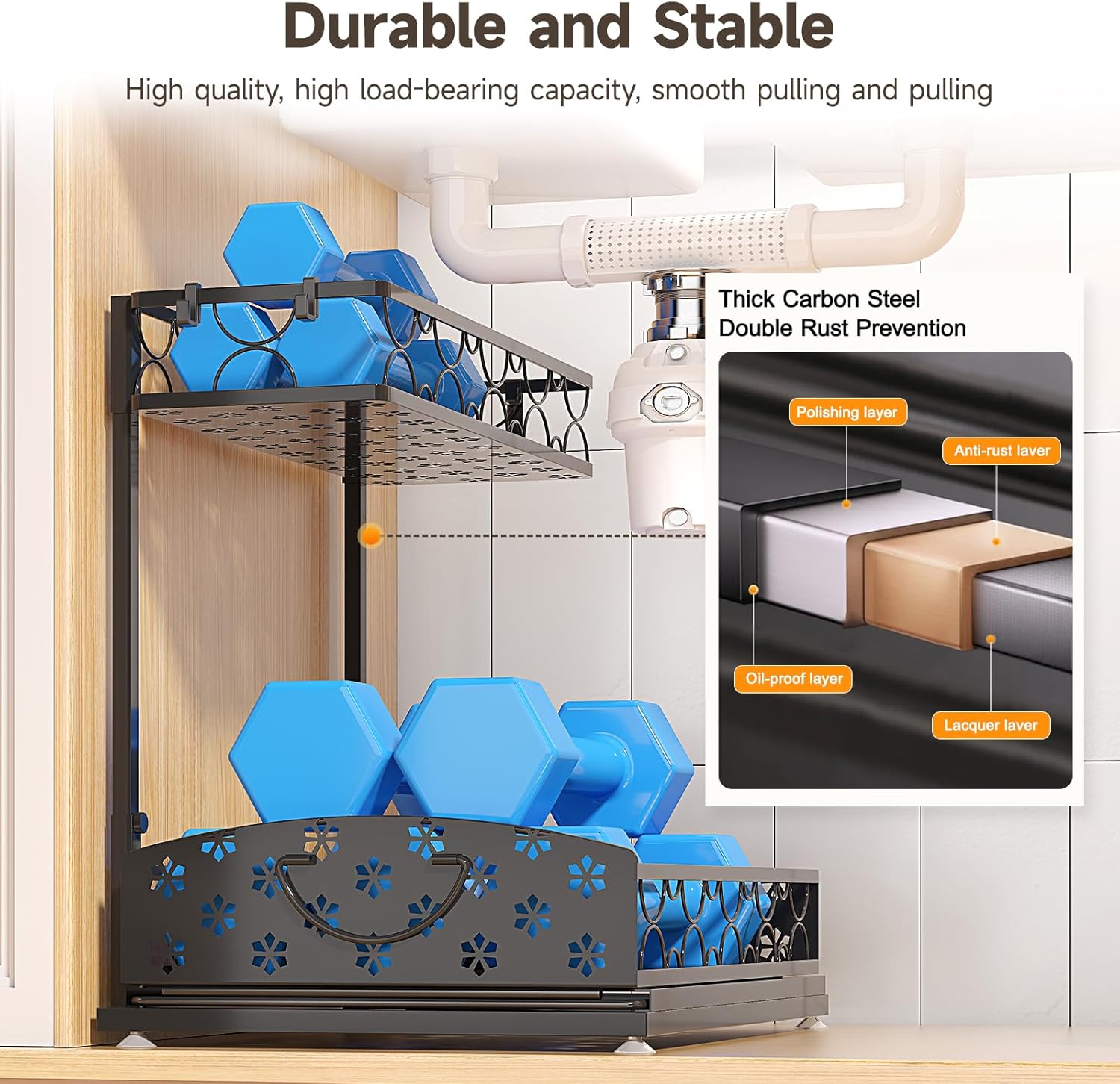 2 Packs Under Sink Organizer, High Adjustable 2 Tier Under Kitchen sink organizer, Multi-Purpose Storage Shelf for Kitchen Bathroom Cabinet, Black (Black02)