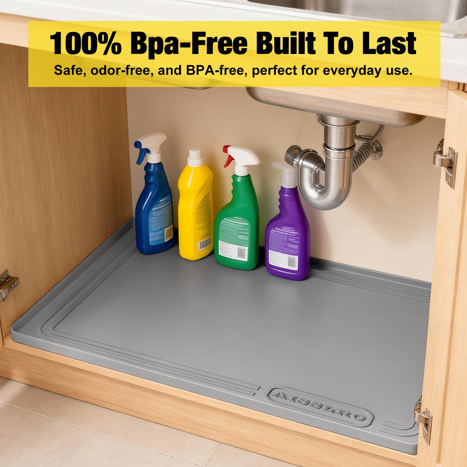 Aisslro Under Sink Mat 22" X 19", Waterproof Silicone Cabinet Protector with Raised Edge, Kitchen & Bathroom Leak Tray, Shelf Liner & Pet Feeding Mat for Dog Cat Food Mats, Light Gray