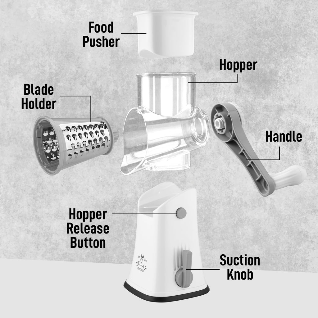 Zulay Kitchen Rotary Cheese Grater 5 Blade Cheese Shredder - Manual Hand Crank Cheese Grater With Reinforced Suction & 5 Interchangeable Drums - Easy to Use, Vegetable Chopper Round Mandoline Slicer