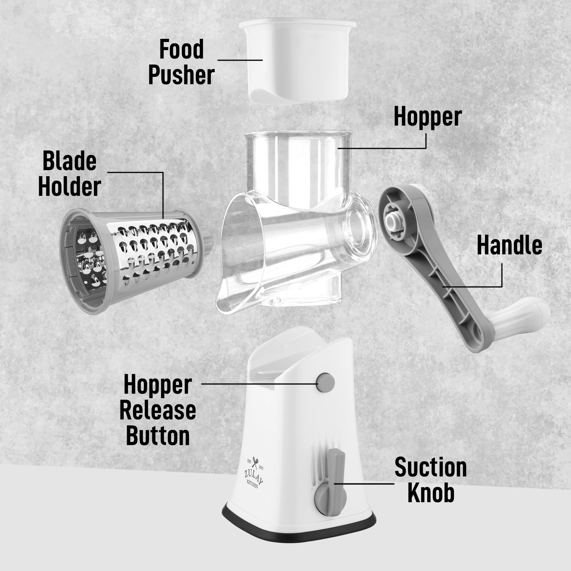 Zulay Kitchen Rotary Cheese Grater 5 Blade Cheese Shredder - Manual Hand Crank Cheese Grater With Reinforced Suction & 5 Interchangeable Drums - Easy to Use, Vegetable Chopper Round Mandoline Slicer