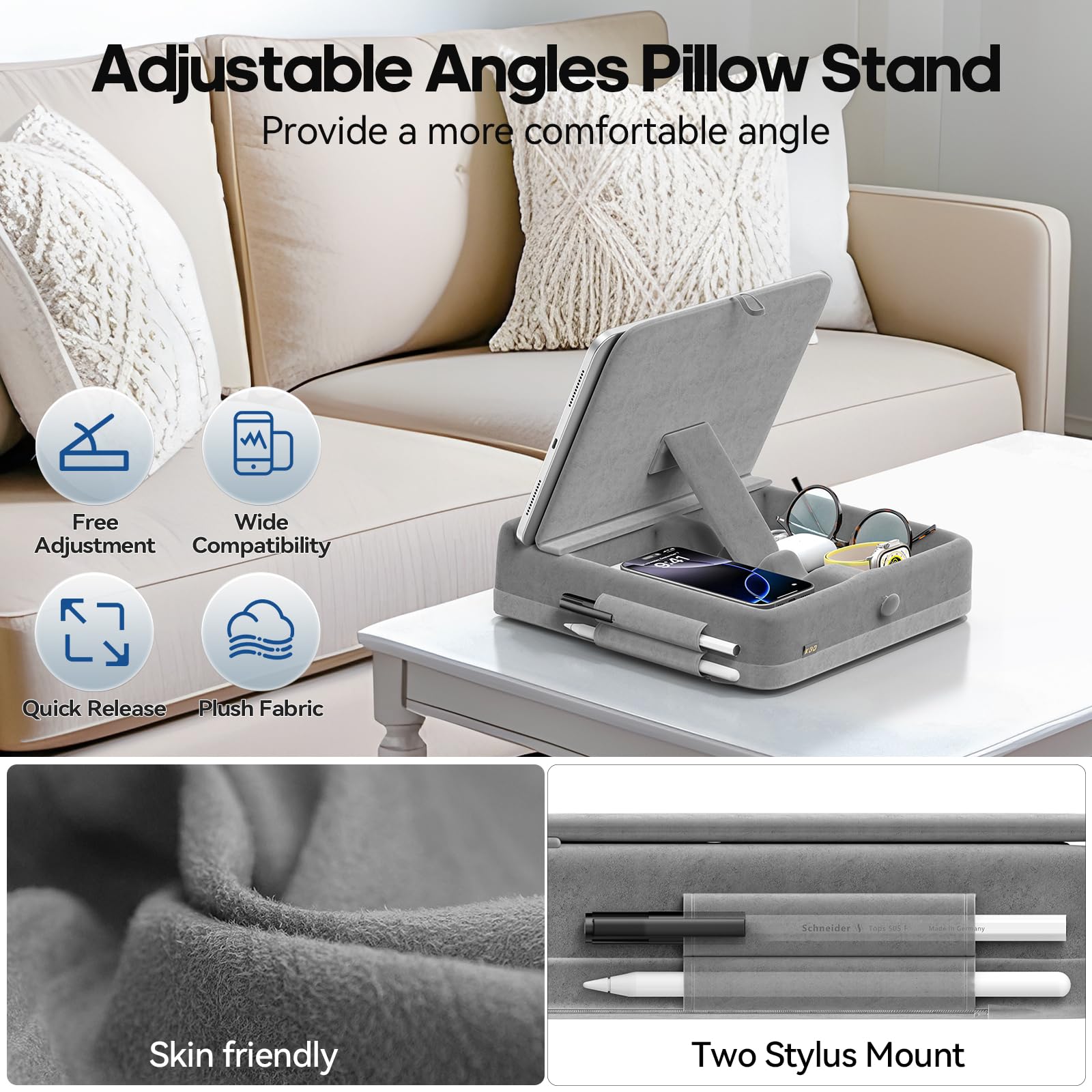 KDD Tablet Pillow Stand with Storage, Foldable iPad Holder for Bed, Lap and Desk, Angle Adjustable Soft Pad Dock with Stylus Mount Compatible with Ipad Pro 12.9, 10.5, 11, Air, Mini, Phones, Books