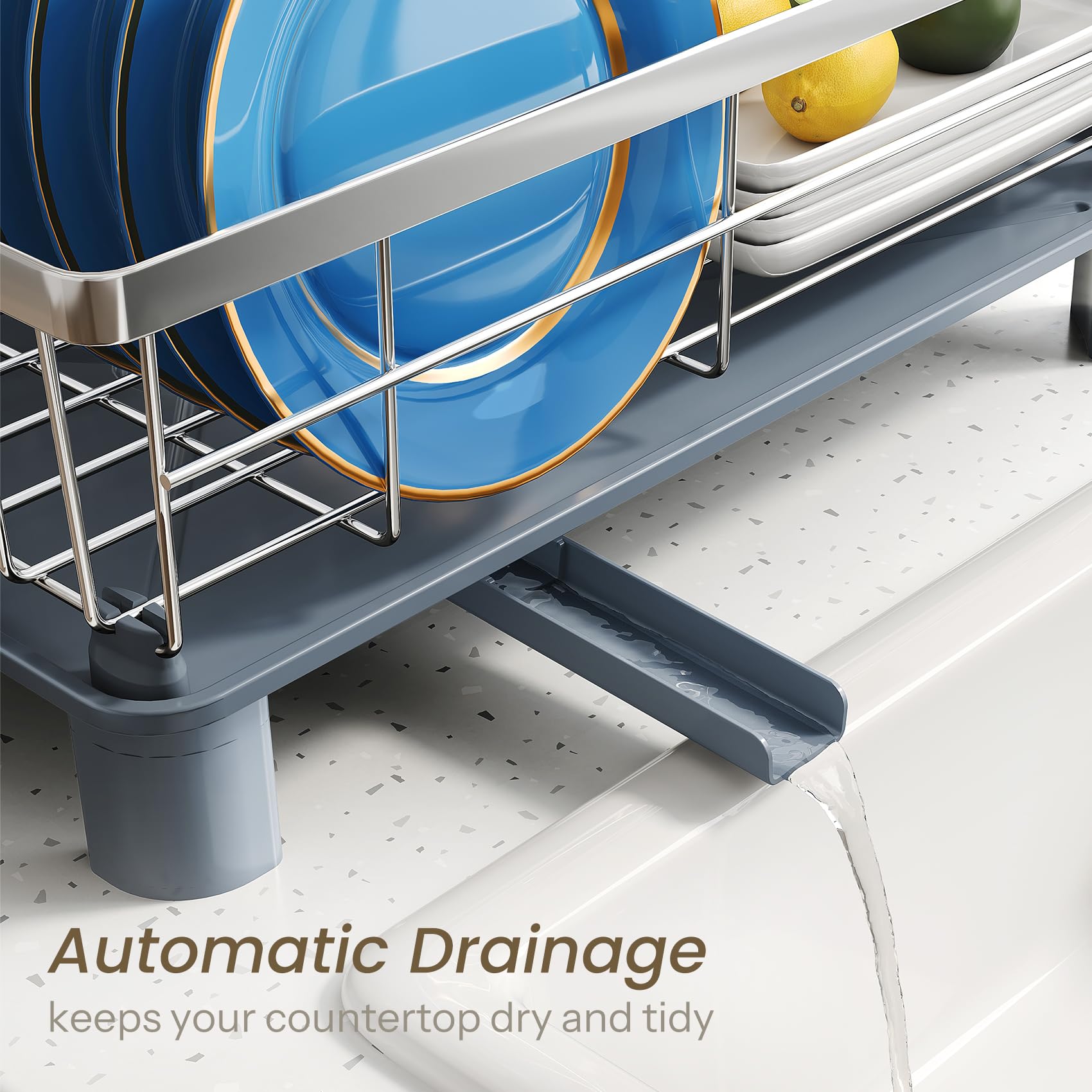 SNTD Dish Drying Rack - Small Dish Rack for Kitchen Counter, Stainless Steel Dish Drainer with Utensil Holder and Drainboard, 11" W x 15" L (Black)