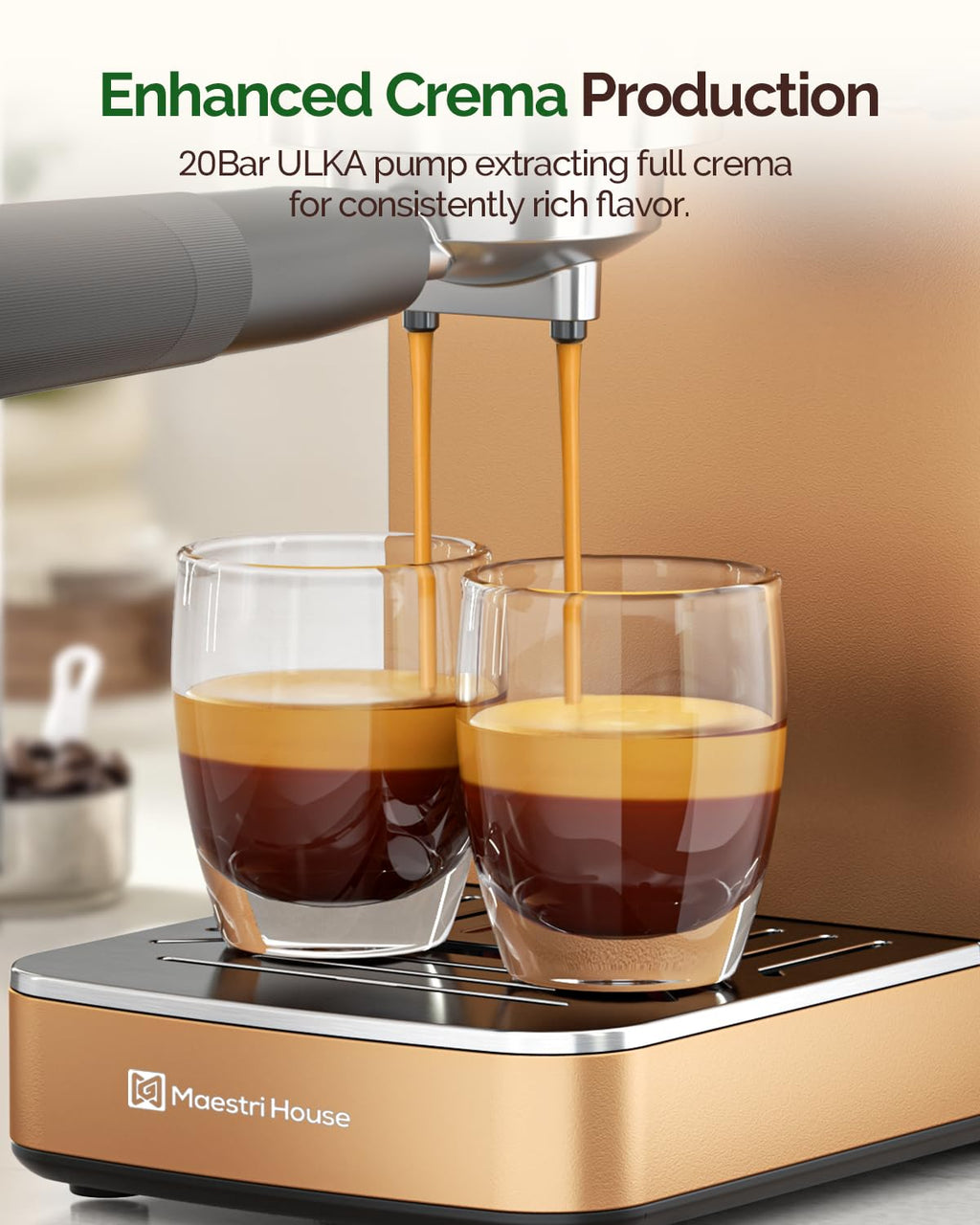 Maestri House Espresso Machine, 20 Bar ULKA Pump, Compact Espresso Maker Built-in Flow Meter Steam Milk Frother, Stainless Steel Coffee Machine for Cappuccino, Latte (Black)