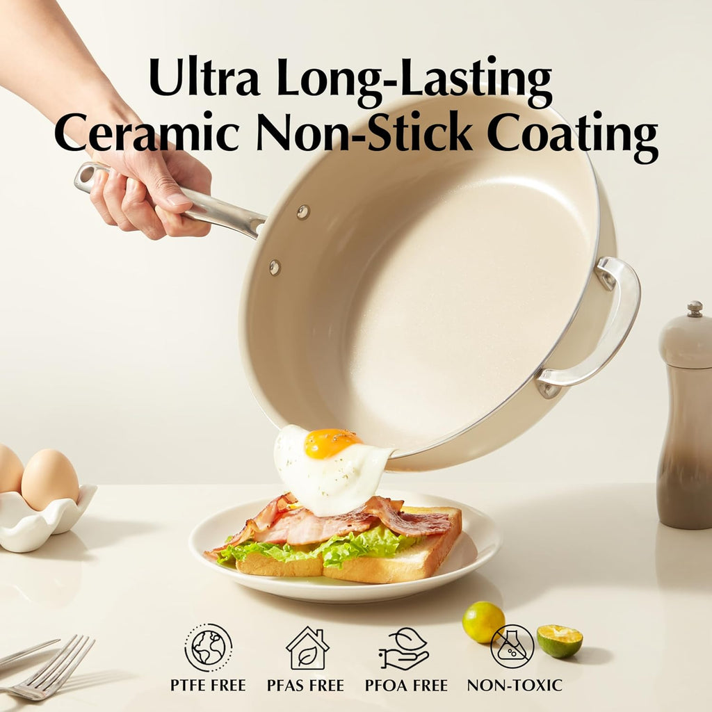 Redchef 5 QT Ceramic Stock Pot with Lid, 5QT Ceramic Saute Pan Stay-Cool Handles, Dishwasher & Oven Safe, PFAS PFOA & PTFE Free (Beige)