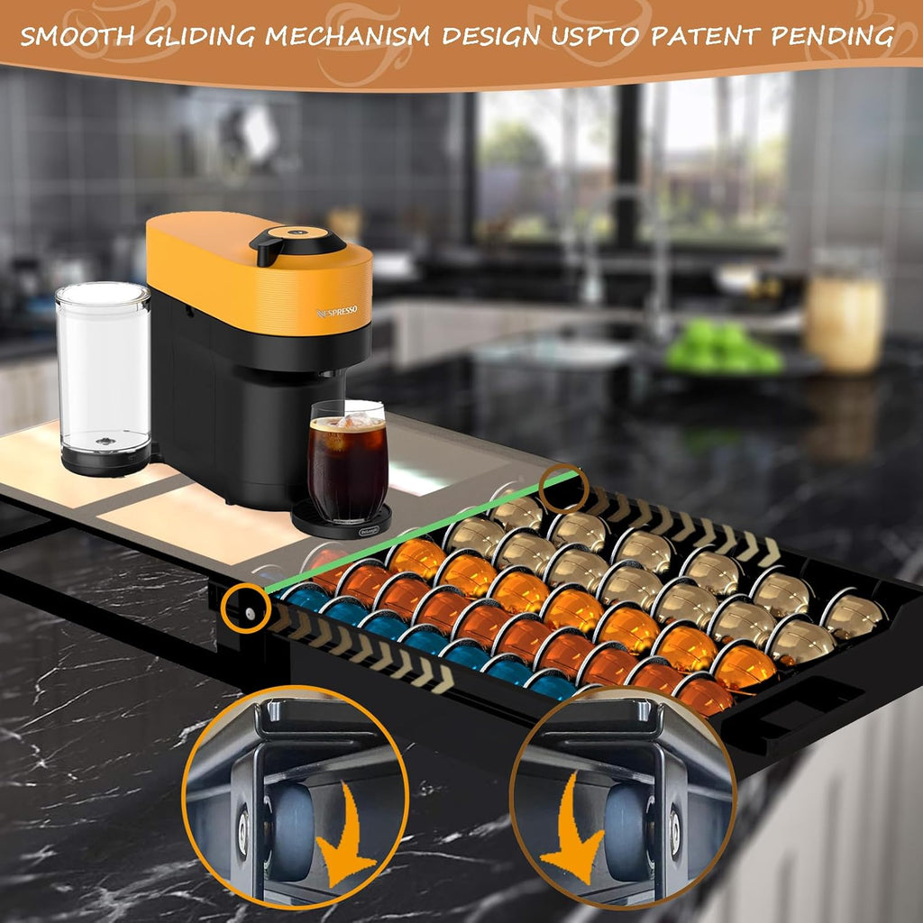 Heavy Duty Crystal Acrylic Sleek Coffee Pods Holder with Beautiful Solid Pod Drawer, Compatible for All Nespresso VertuoLine Pods, Great Capacity Holds up to 60 Small or 40 Big Vertuoline Pods