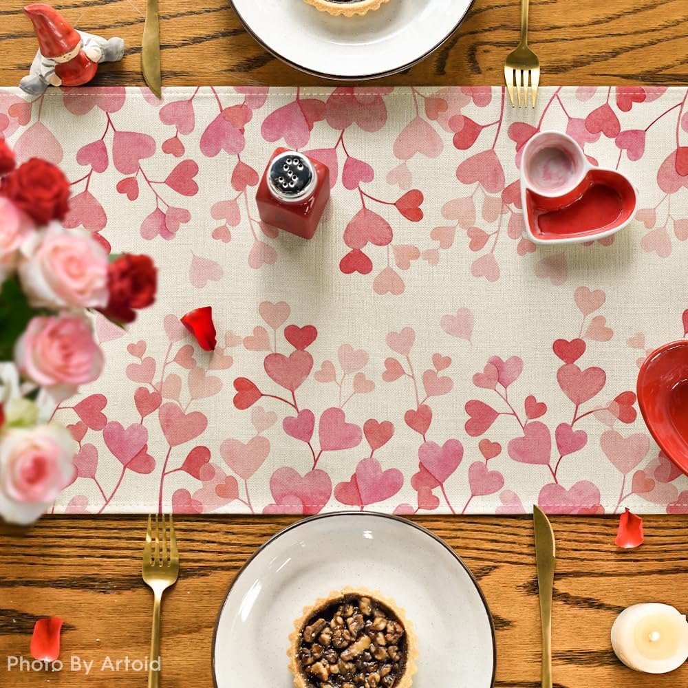 Artoid Mode Pink Love Valentine's Table Runner, Anniversary Wedding Kitchen Dining Table Decoration for Home Party Decor 13x72 Inch