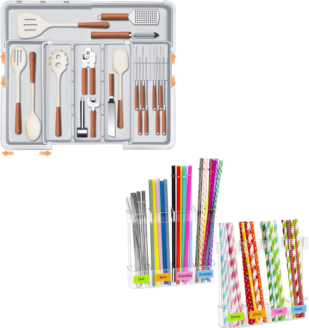 Homecor Silverware Organizer - Expandable Large Kitchen Drawer Organizer Utensil Organizer with 2 Removable Knife Blocks & 2 PACK Acrylic Straw Holder for Cabinet Door