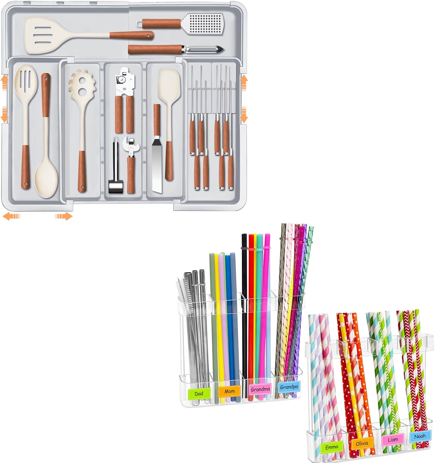 Homecor Silverware Organizer - Expandable Large Kitchen Drawer Organizer Utensil Organizer with 2 Removable Knife Blocks & 2 PACK Acrylic Straw Holder for Cabinet Door
