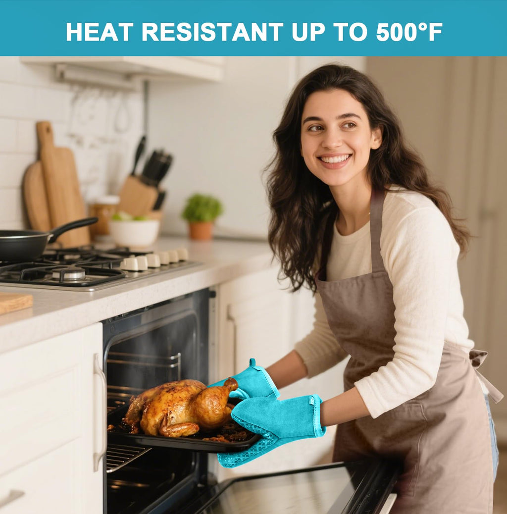 Mini Oven Mitts Heat Resistant Gloves,Silicone Oven Mitts Designed for Air Fryer/Microwave/Oven, Easy Food Handling,Cute Oven Mitt Heat Resistant Up to 500℉, for Adults & Kids，Blue