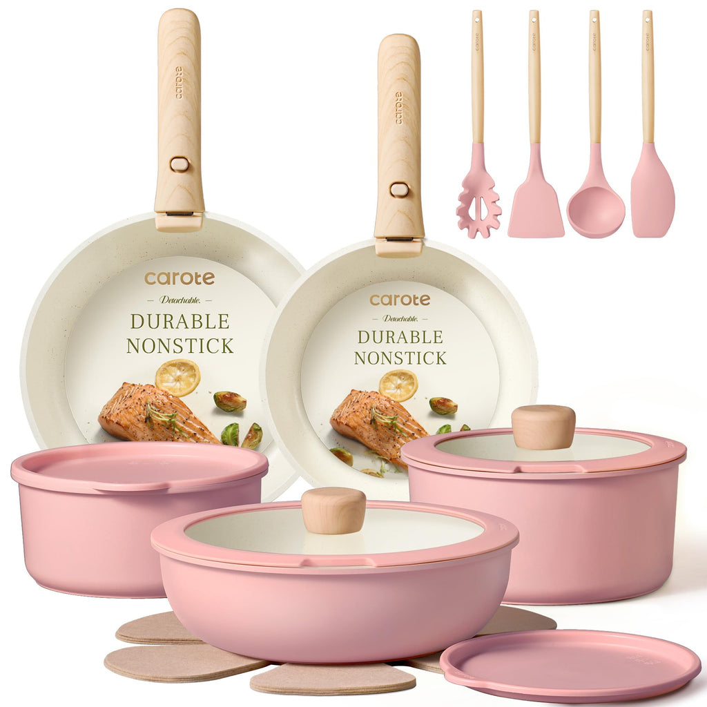 CAROTE Pots and Pans Set, Nonstick Cookware Set Detachable Handle, 19pcs Induction Kitchen Cookware Sets Non Stick with Removable Handle, RV Cookware Set, Oven Safe, Sage Green