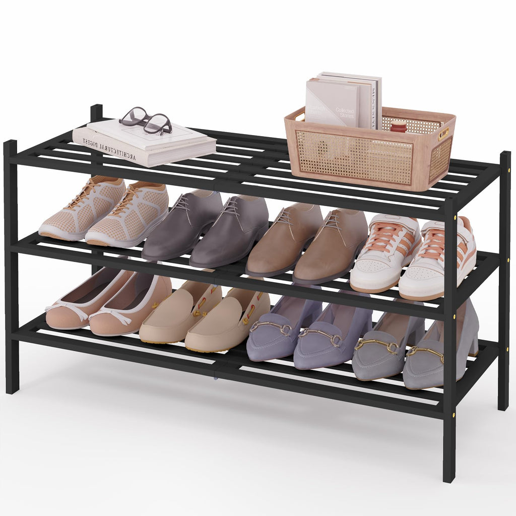 Smiry Bamboo Shoe Rack 3-Tier, Stackable Wooden Shoe Organizer for Entryway & Closet, Free Standing Wood Shoe Storage Shelf for Front Door & Small Spaces, Natural