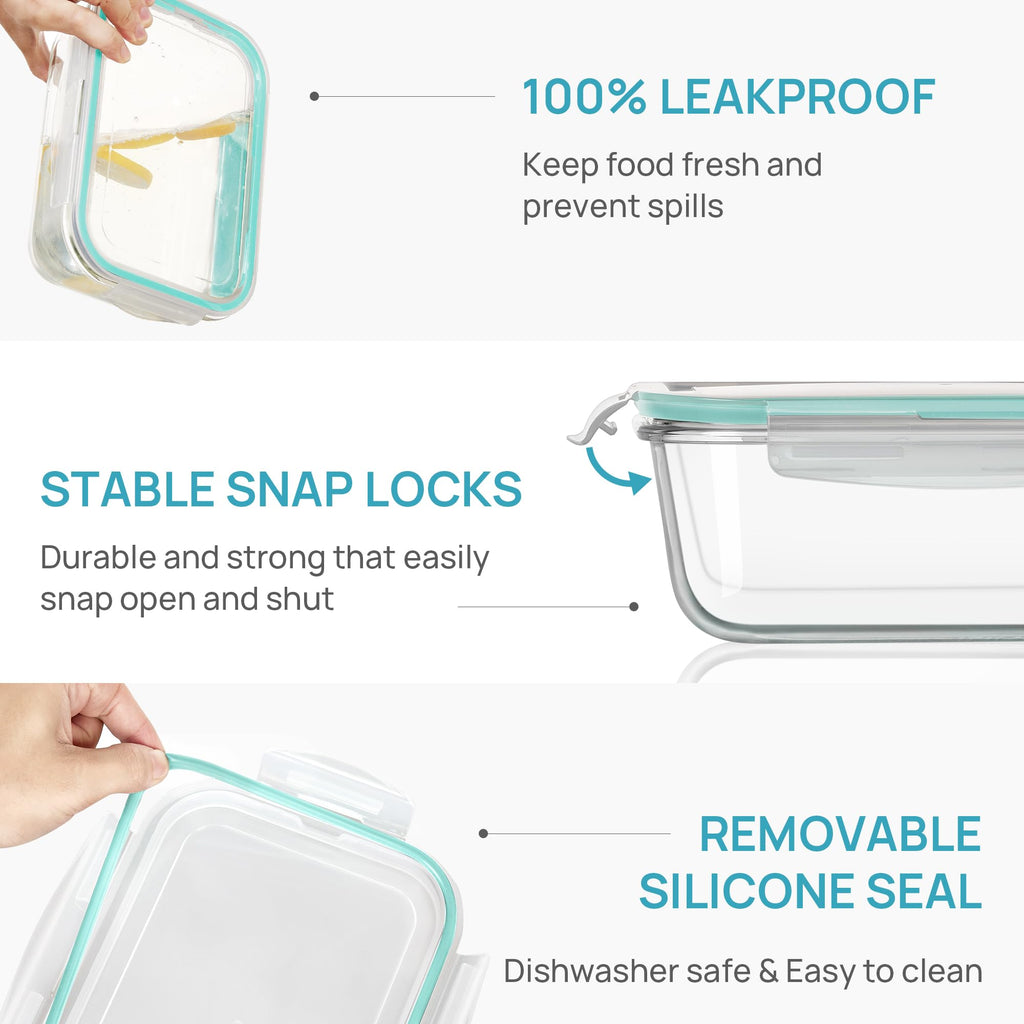 Vtopmart 2Pack 1860ml/63oz Large Glass Storage Containers with Lids, Meal Prep Food Container Set with Snap Airtight Lid for Baking, Microwave, Oven, Leak Proof, for Freezer, Dishwasher, Grey