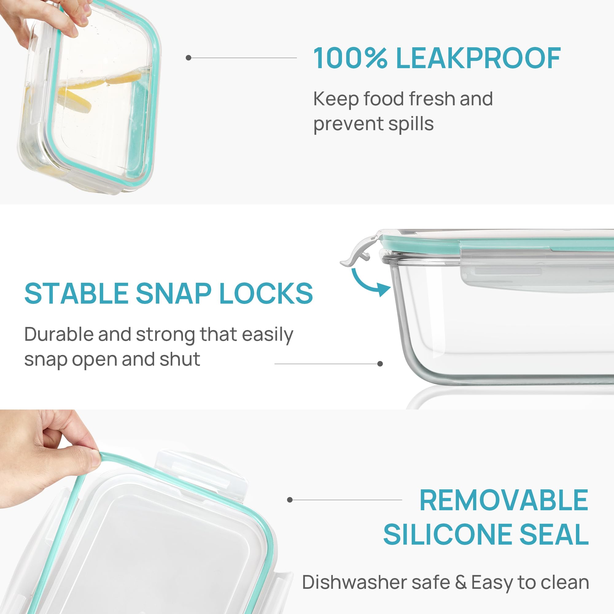 Vtopmart 2Pack 1860ml/63oz Large Glass Storage Containers with Lids, Meal Prep Food Container Set with Snap Airtight Lid for Baking, Microwave, Oven, Leak Proof, for Freezer, Dishwasher, Grey