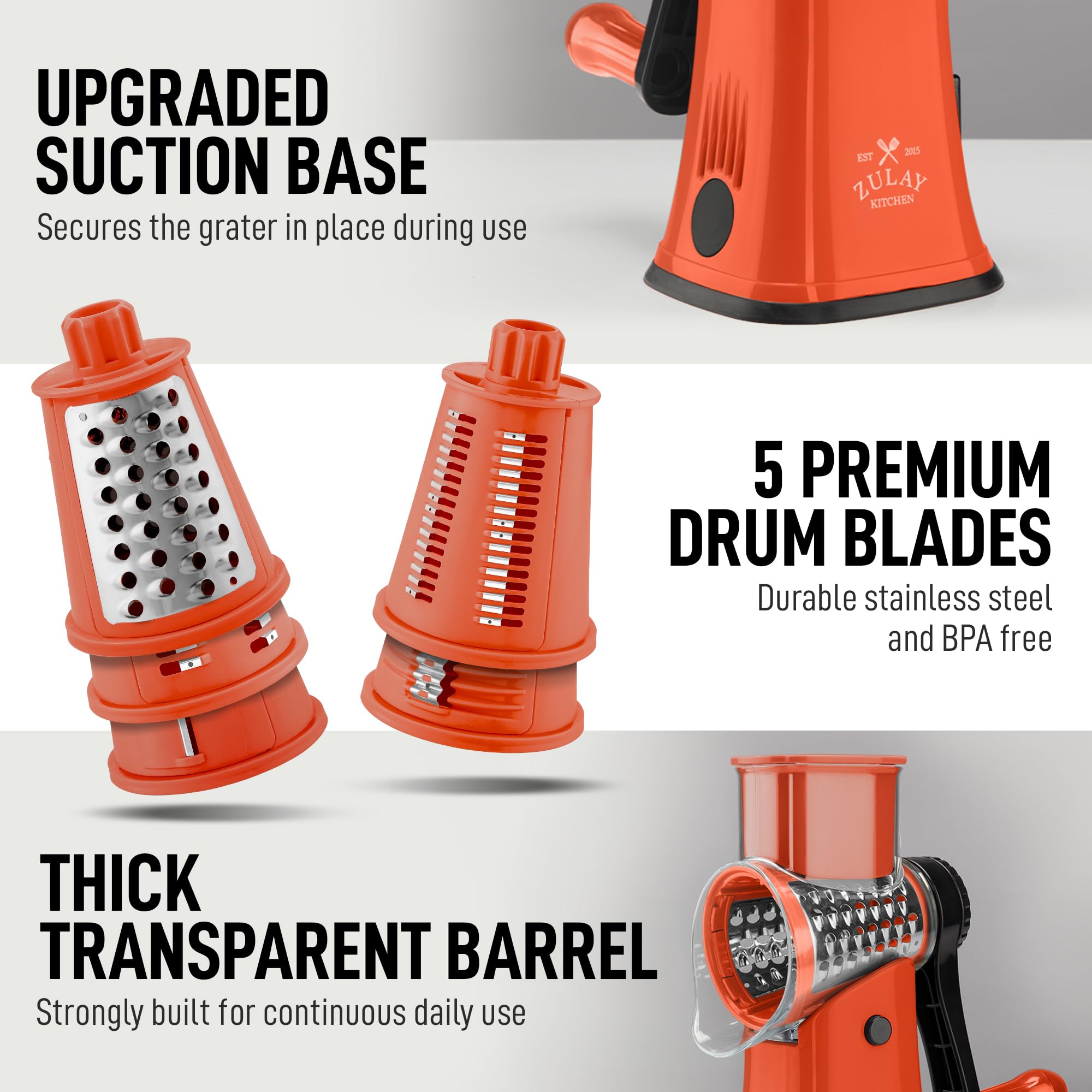 Zulay Kitchen Rotary Cheese Grater 5 Blade Cheese Shredder - Manual Hand Crank Cheese Grater With Reinforced Suction & 5 Interchangeable Drums - Easy to Use, Vegetable Chopper Round Mandoline Slicer