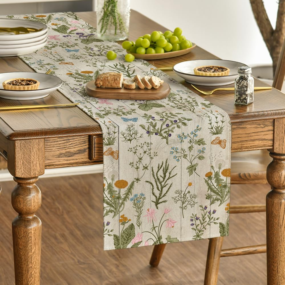 Artoid Mode Wildflowers Floral Spring Table Runner, Seasonal Summer Butterfly Kitchen Dining Table Decoration for Home Party 13x72 Inch