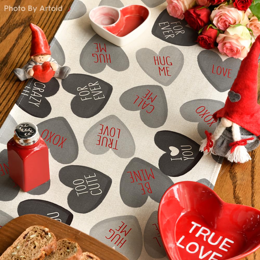 Artoid Mode Ture Love Heart Valentine's Day Table Runner, Seasonal Kitchen Dining Table Decoration for Home Party Decor 13x72 Inch