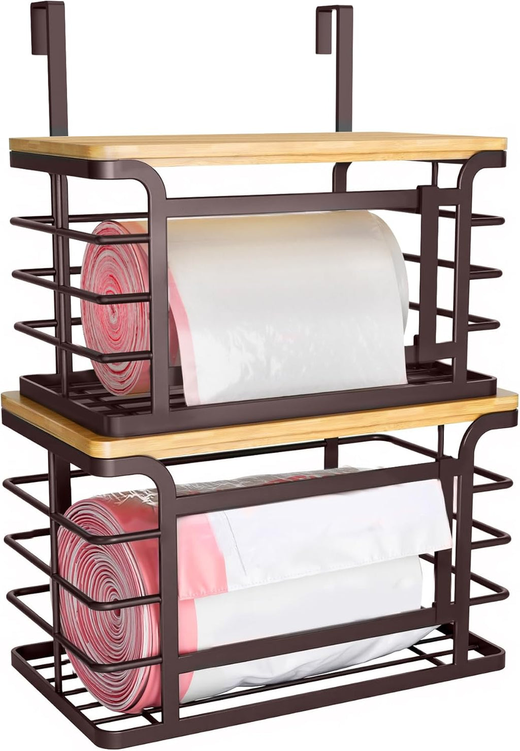 2 Pack Stackable Trash Bag Holder with Bamboo Top, 2025 Pro Wall Mount Laundry Room Organization, Djustable Hooks for Cabinet Door - Organizers in Kitchen/Pantry/Laundry Room, Brown