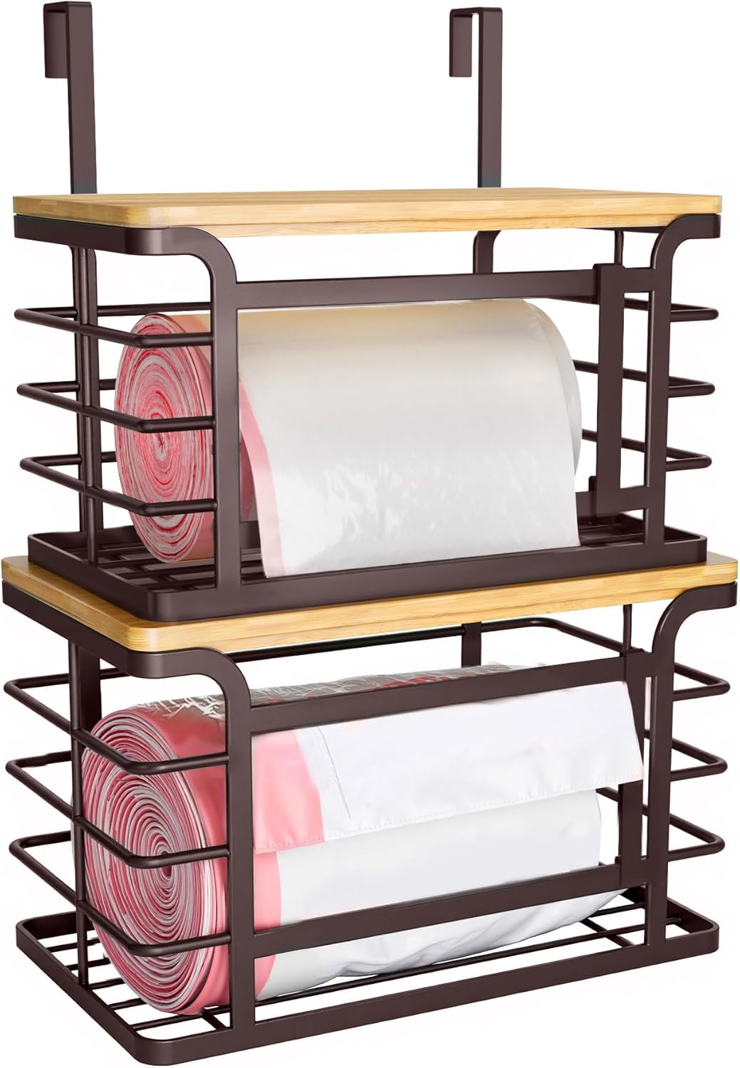 2 Pack Stackable Trash Bag Holder with Bamboo Top, 2025 Pro Wall Mount Laundry Room Organization, Djustable Hooks for Cabinet Door - Organizers in Kitchen/Pantry/Laundry Room, Brown