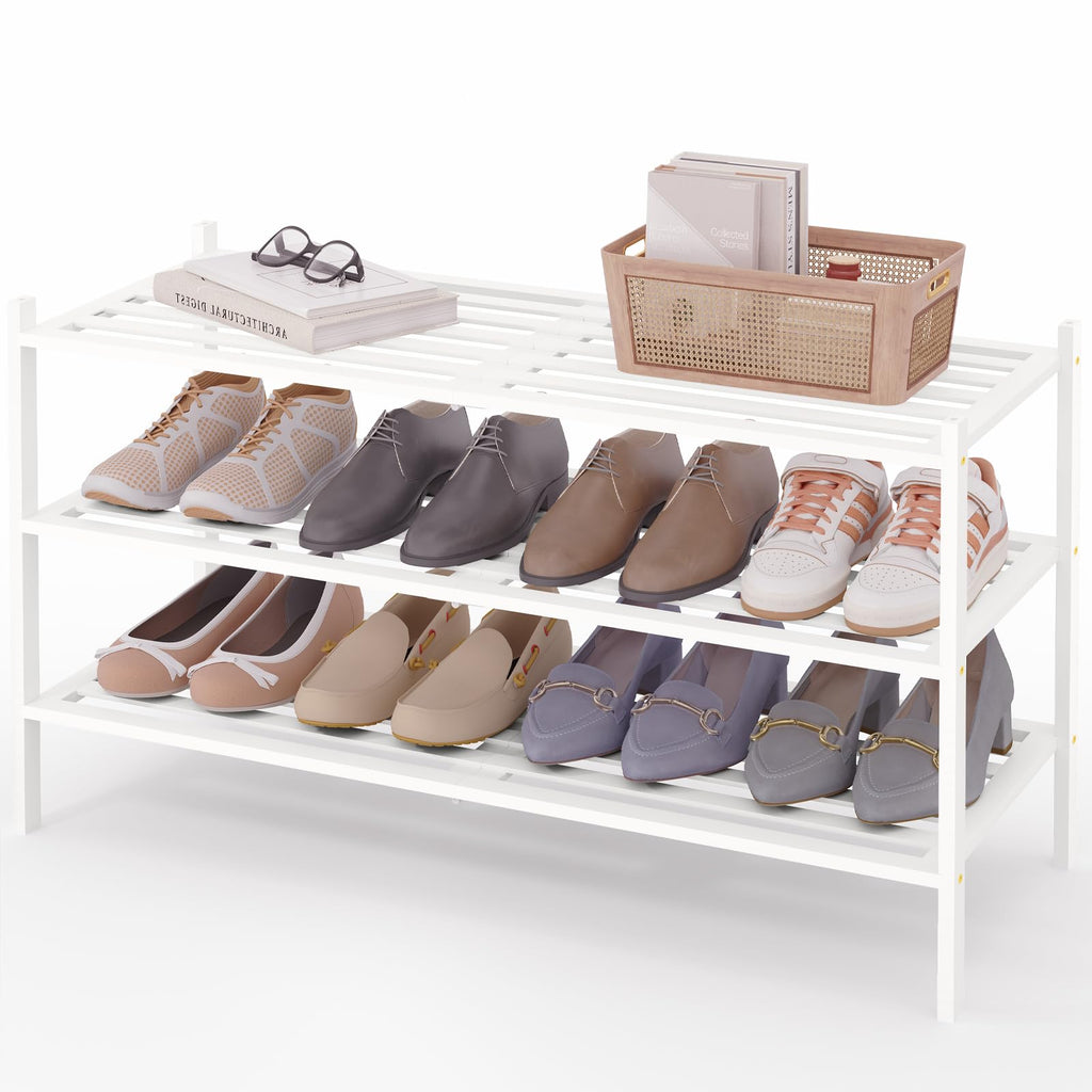 Smiry Bamboo Shoe Rack 3-Tier, Stackable Wooden Shoe Organizer for Entryway & Closet, Free Standing Wood Shoe Storage Shelf for Front Door & Small Spaces, Natural