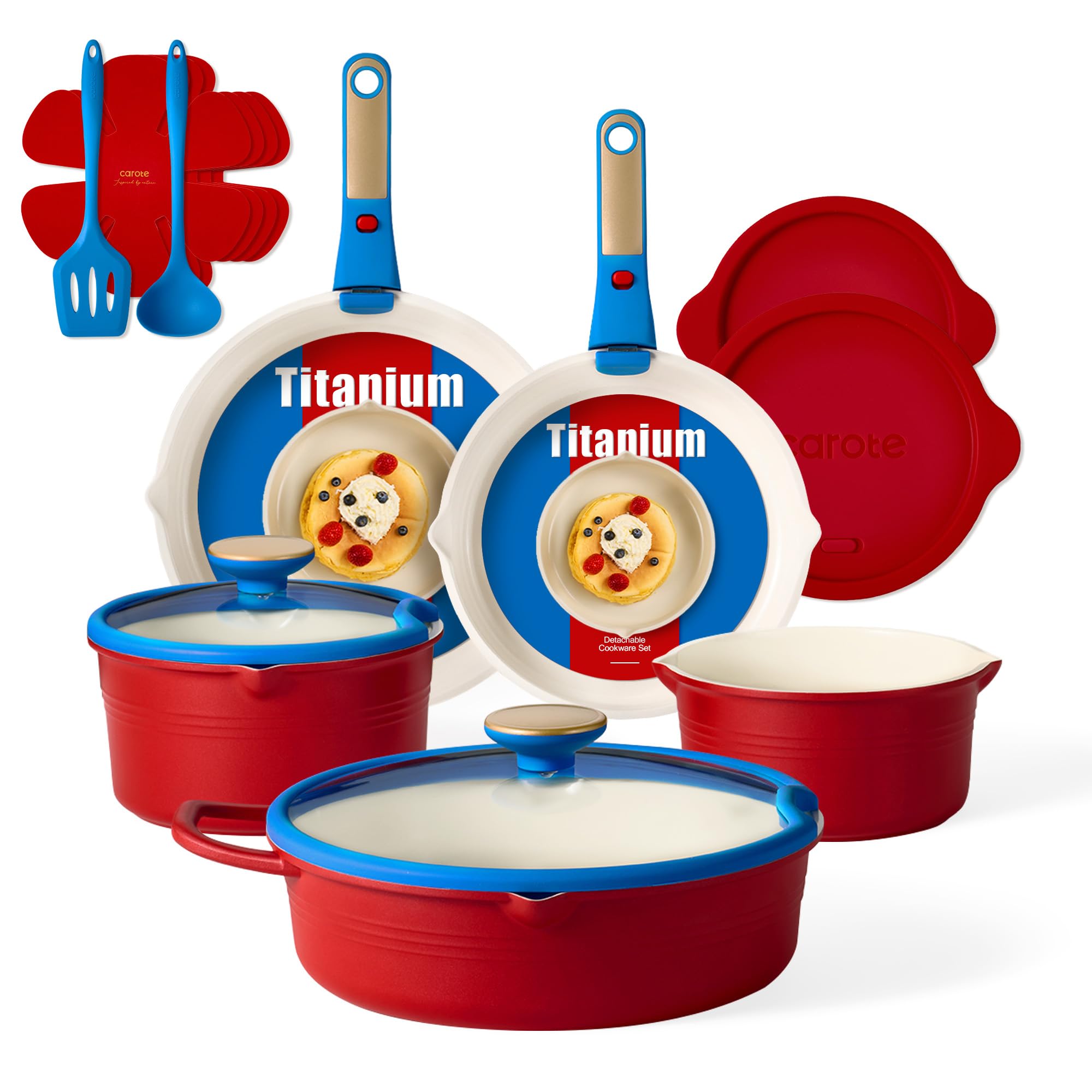 CAROTE 15pcs Pots and Pans Set Non Stick, Cookware Set Non Toxic with Detachable Handle, Induction Kitchen Cooking Set, Dishwasher/Oven Safe, RV/Camping Cookware